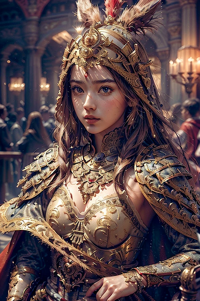 ((masterpiece))), (((best quality))), ((ultra-detailed)), (hyperrealistic), (highly detailed CG illustration), cinematic light, photorealistic ,extremely beautiful young lady, light makeup, big breast,  intricate detailed eaba, red cape, spear