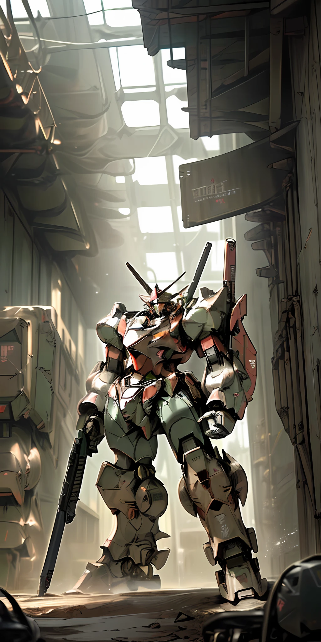 MASTERPIECE, BEST QUALITY, ULTRA DETAIL, ULTRA HIGH DEFINITION, (MECHA, ROBOT, MACHINE, ARMORED CORE, ARMORED CORE:1.4), RGM-89S, STARK JEGAN, HOLDING RIFLE IN HAND, SHIELD MOUNTED ON SHOULDER, NO HUMANS, RUINED URBAN AREA, SANDSTORM,