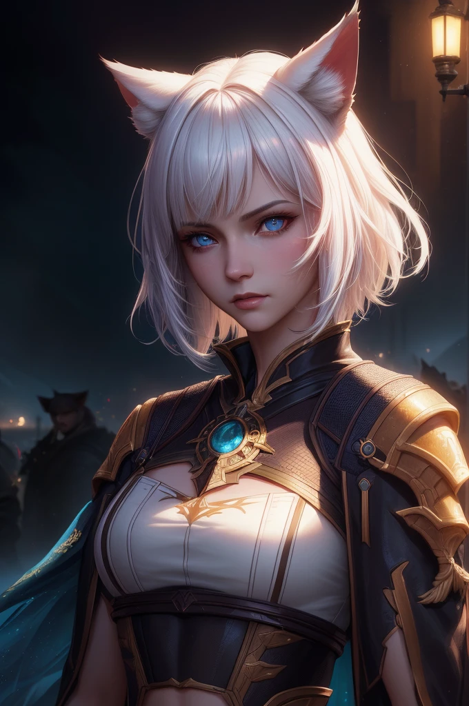 Masterpiece, highres, high quality, Detailed face, best quality,1girl, (miqote:1.1), cat ears, (pale skin:1.1), cat girl, (white hair), blue eyes, (looking at viewer:1.2), lips ajar, (outdoors:1.1), anthropomorphic,suomi 80mm Sigma f/2.0,vivid light, crop top, stylized portrait, dark fantasy, by greg rutkowski, trending on artstation detailed, award winning illustration, hd, 4k, digital art, highly detailed, cinematic lighting, vibrant colors, in the style of noah bradley, Beksinski, bangs, short hair, up close, ((face focus)),