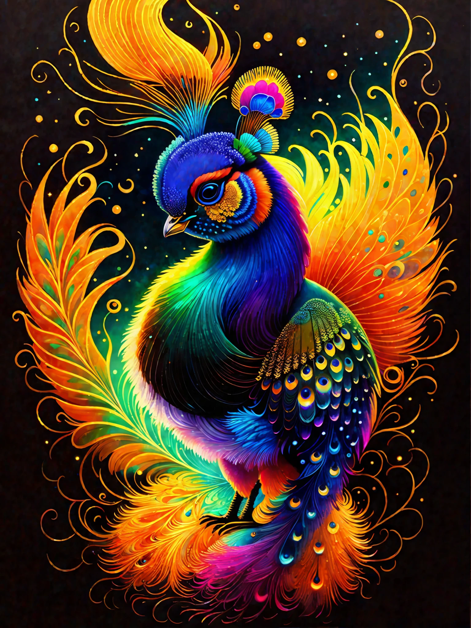 a painting of a colorful peacock on a black background,, breathtaking rendering, within a radiant connection, inspired by Kinuko Y. Craft,, magical elements, kitten icon, wow, is beautiful, casting a multi colorful spell, bright flash, flash