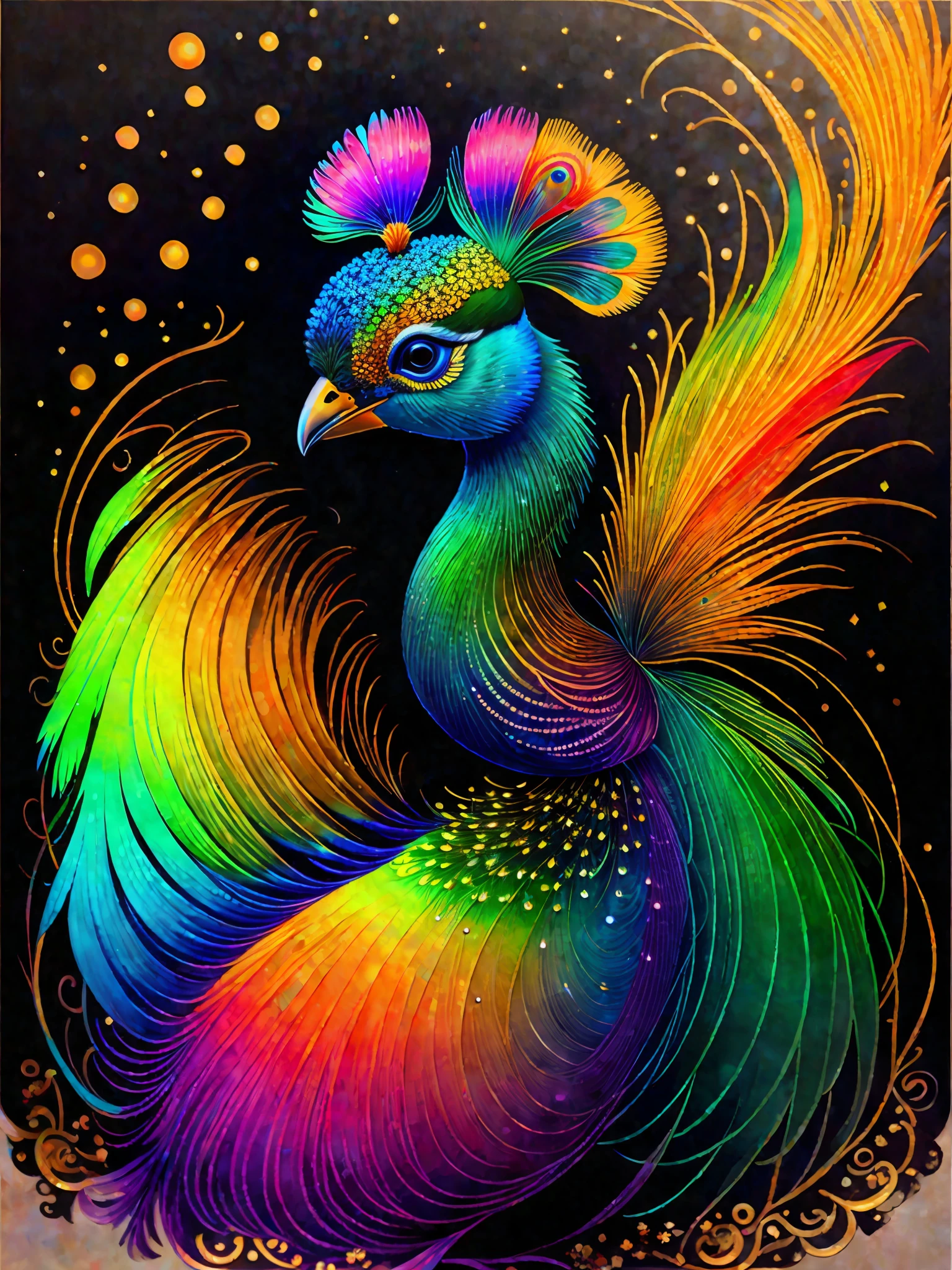 a painting of a colorful peacock on a black background,, breathtaking rendering, within a radiant connection, inspired by Kinuko Y. Craft,, magical elements, kitten icon, wow, is beautiful, casting a multi colorful spell, bright flash, flash