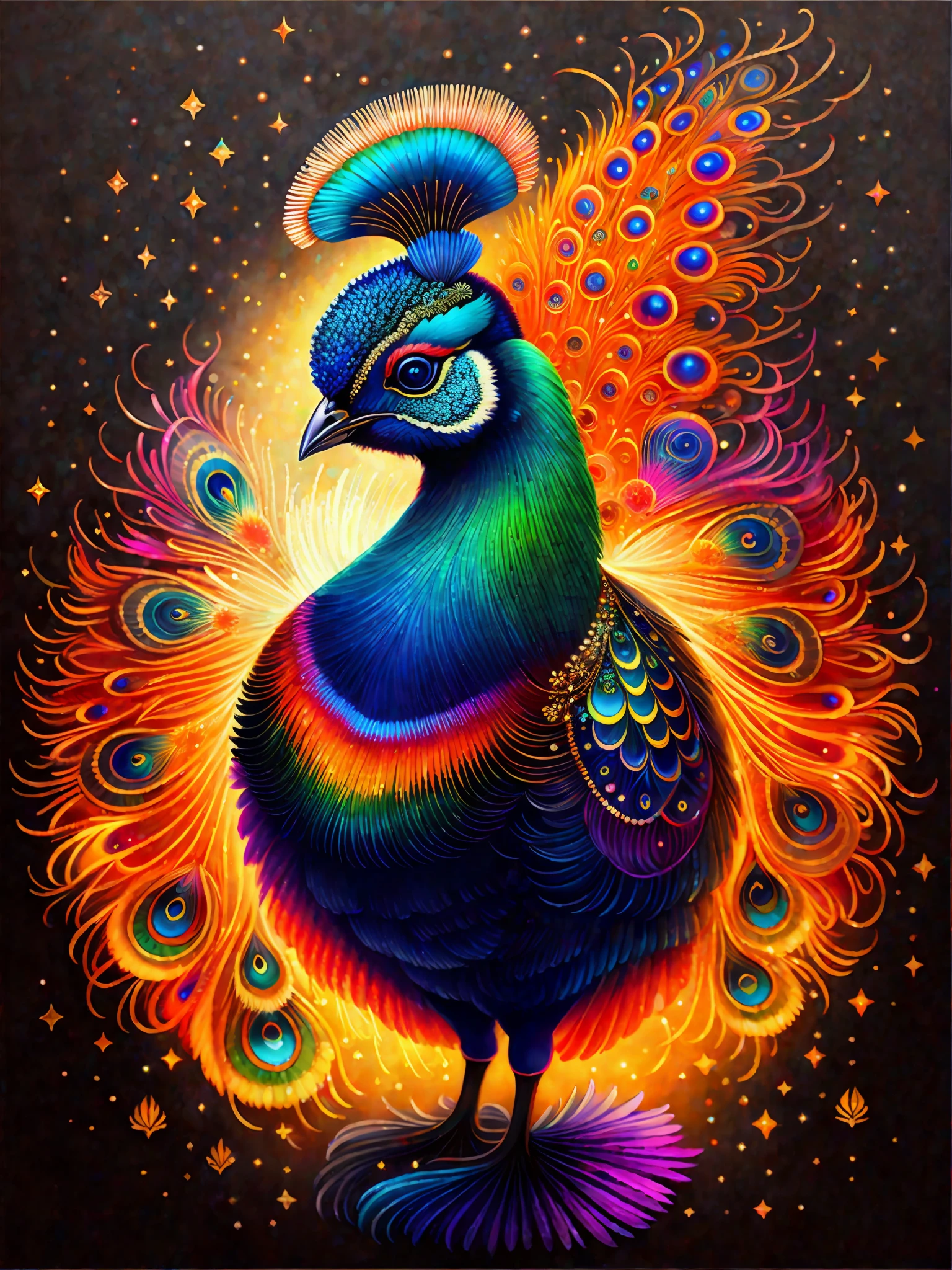 a painting of a colorful peacock on a black background,, breathtaking rendering, within a radiant connection, inspired by Kinuko Y. Craft,, magical elements, kitten icon, wow, is beautiful, casting a multi colorful spell, bright flash, flash