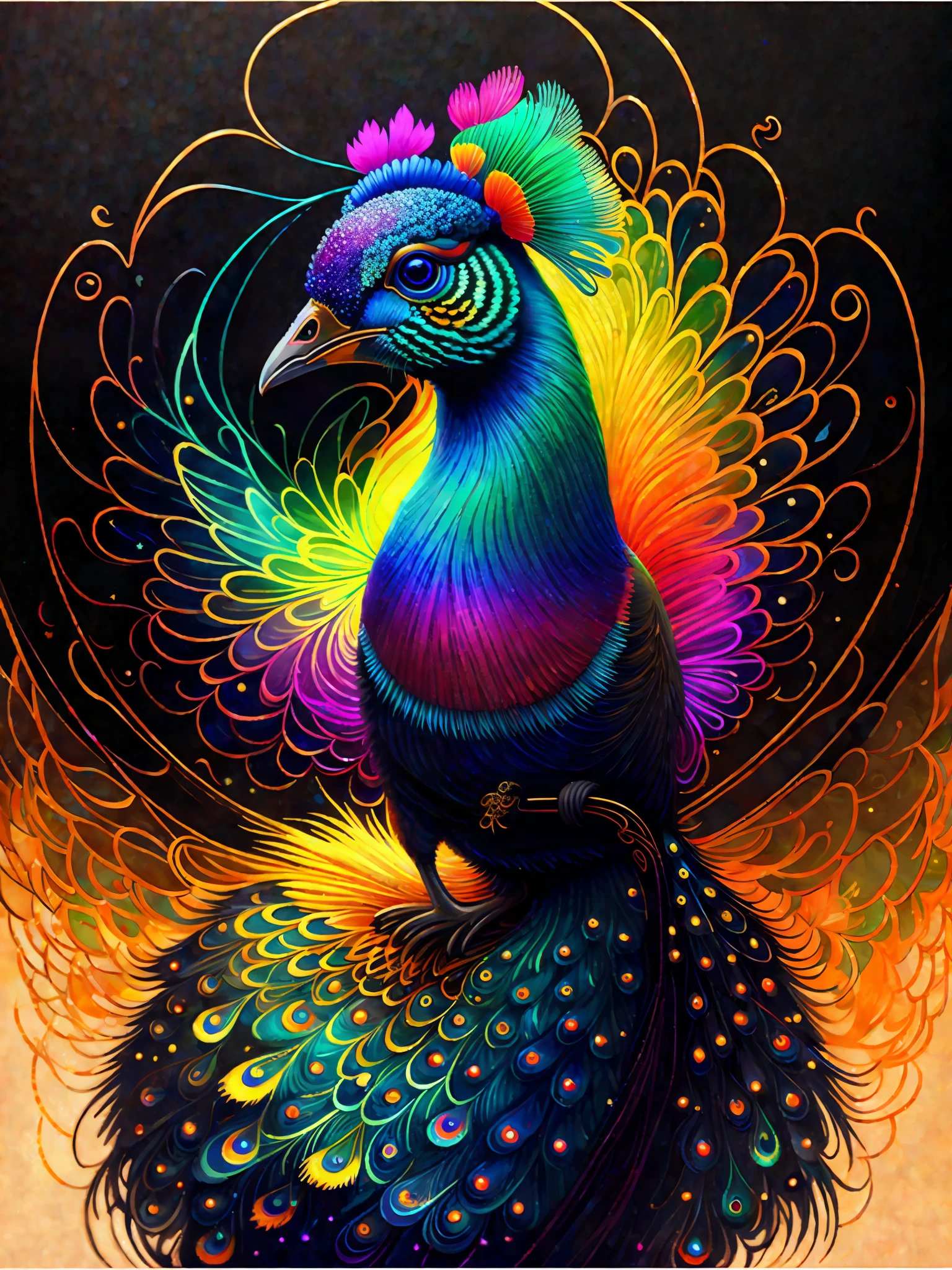 a painting of a colorful peacock on a black background,, breathtaking rendering, within a radiant connection, inspired by Kinuko Y. Craft,, magical elements, kitten icon, wow, is beautiful, casting a multi colorful spell, bright flash, flash