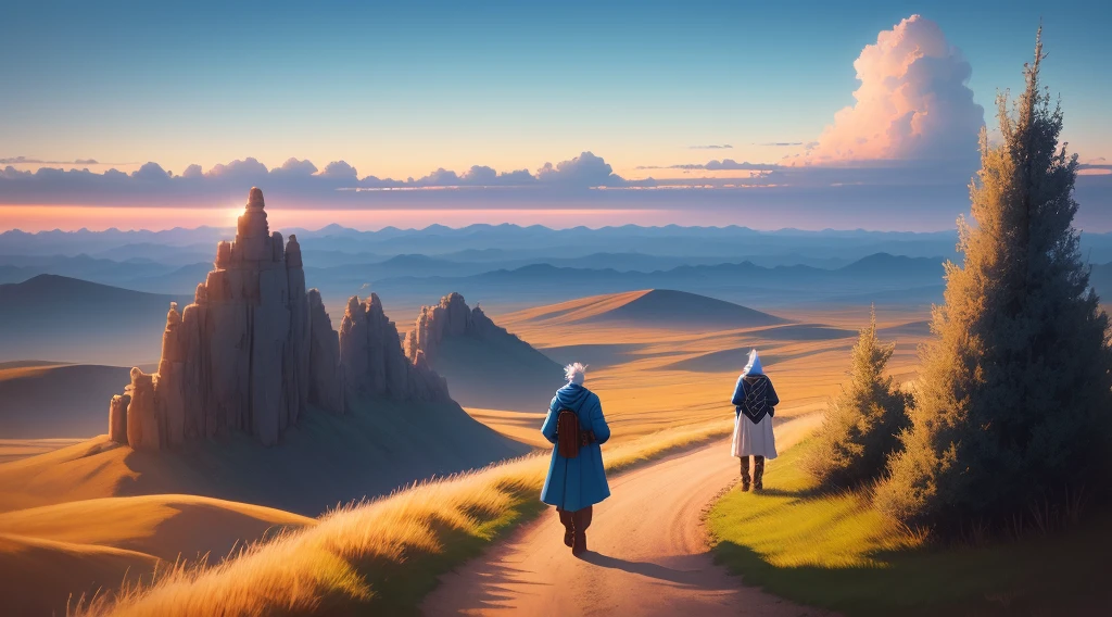 A sage walking with his disciple,"zero horizon down", clay road, beautiful landscape around, sun shining on the horizon, blue sky, anime portrait, 8k.