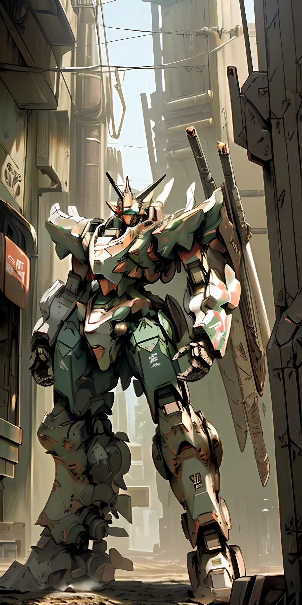 Masterpiece, Best Quality, Ultra Detail, Ultra Detail, Unreal Engine, (Mecha, Robot, Machine, Armored Core, ARMORED CORE:1.4), RGM-89S, Stark Jegan, Holding Rifle in Hand, Shield Mounted on Shoulder, No Humans, Ruined Urban Area, Sandstorm,
