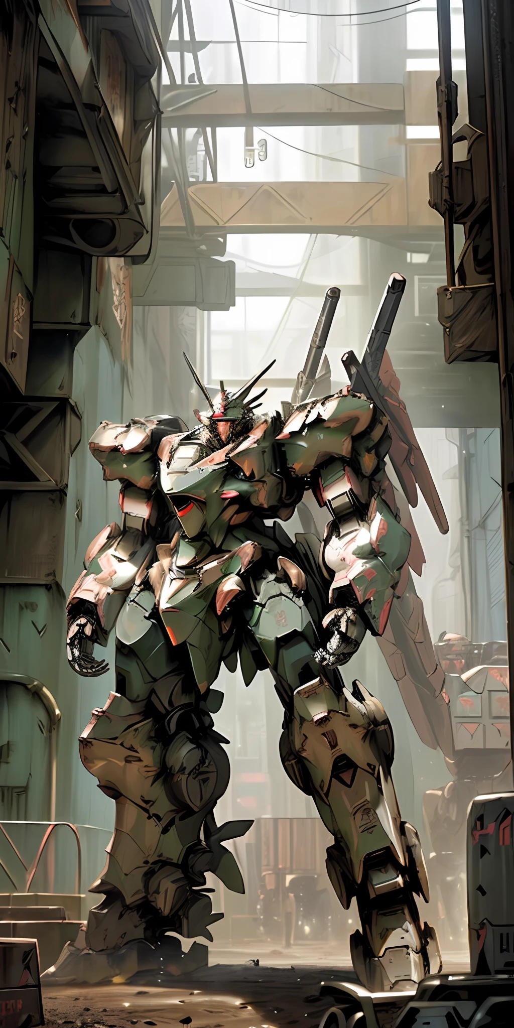 Masterpiece, Best Quality, Ultra Detail, Ultra Detail, Unreal Engine, (Mecha, Robot, Machine, Armored Core, ARMORED CORE:1.4), RGM-89S, Stark Jegan, Holding Rifle in Hand, Shield Mounted on Shoulder, No Humans, Ruined Urban Area, Sandstorm,