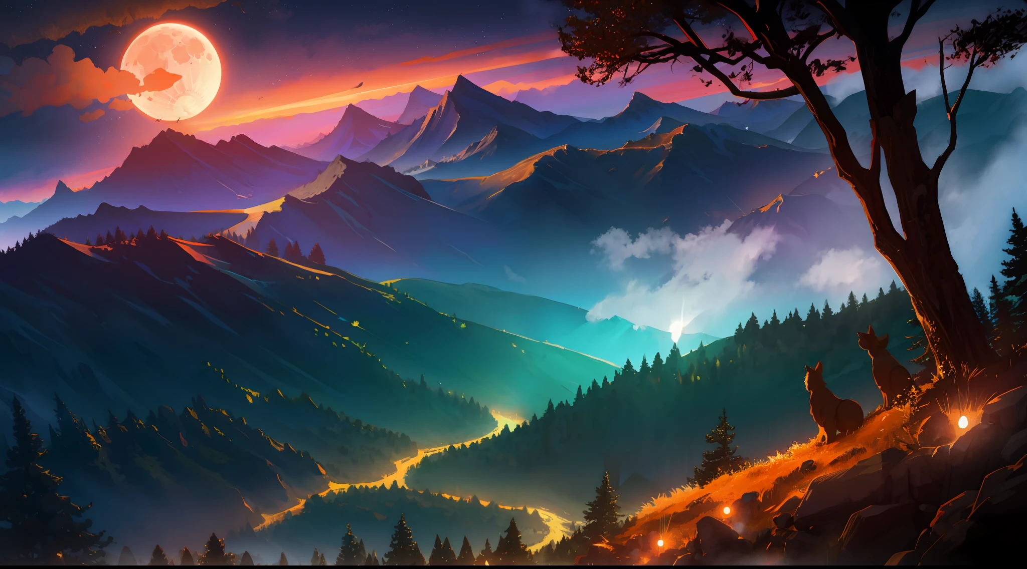 Background woodland, mountains, waterfall, moon, warm colors, clear sky, night, crickets, cinematic lighting, dutch angle, deeply detailed,