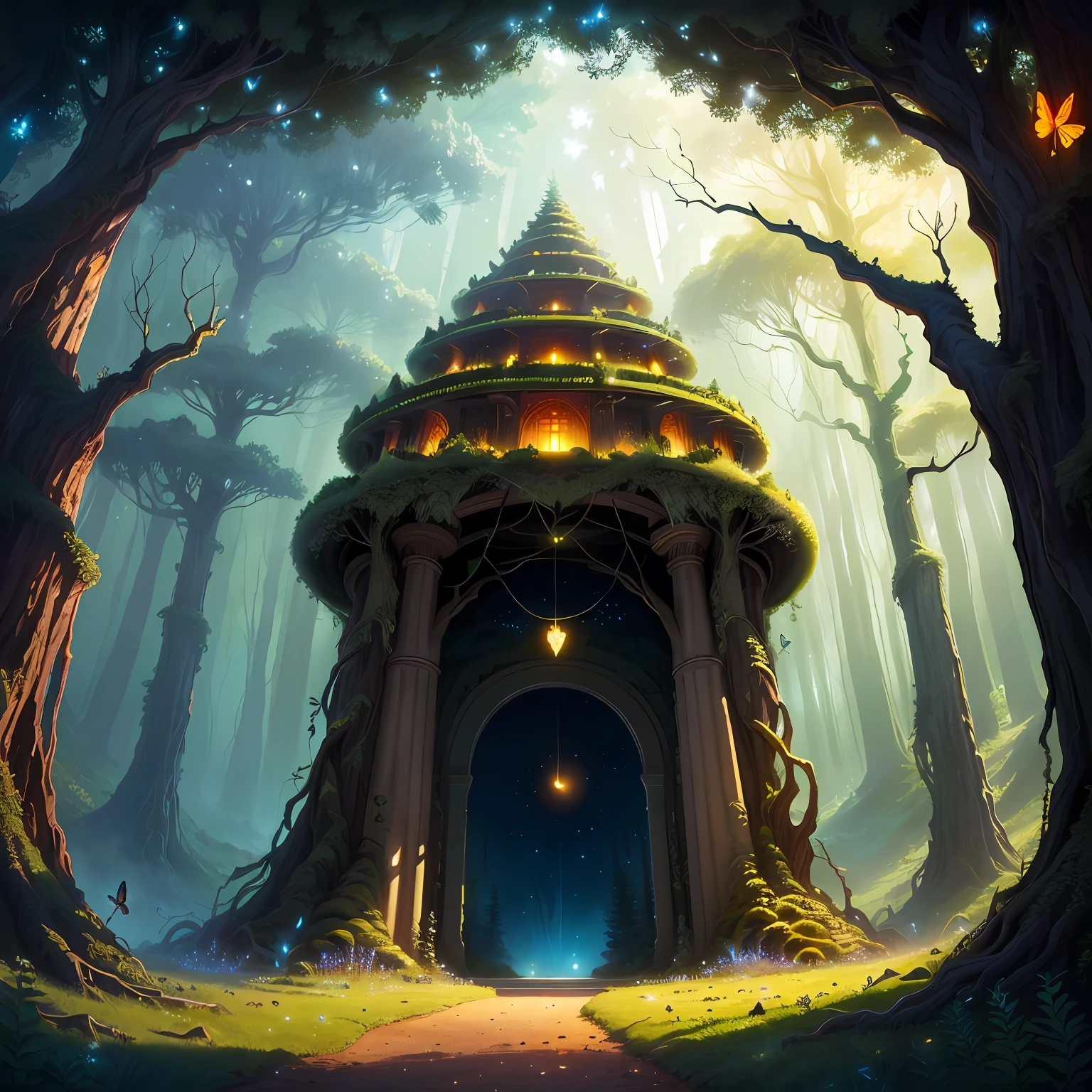 Lonely anthill in a mythical Forest with a big entrance in a natural style with fireflies and butterflies around, solid, detailed