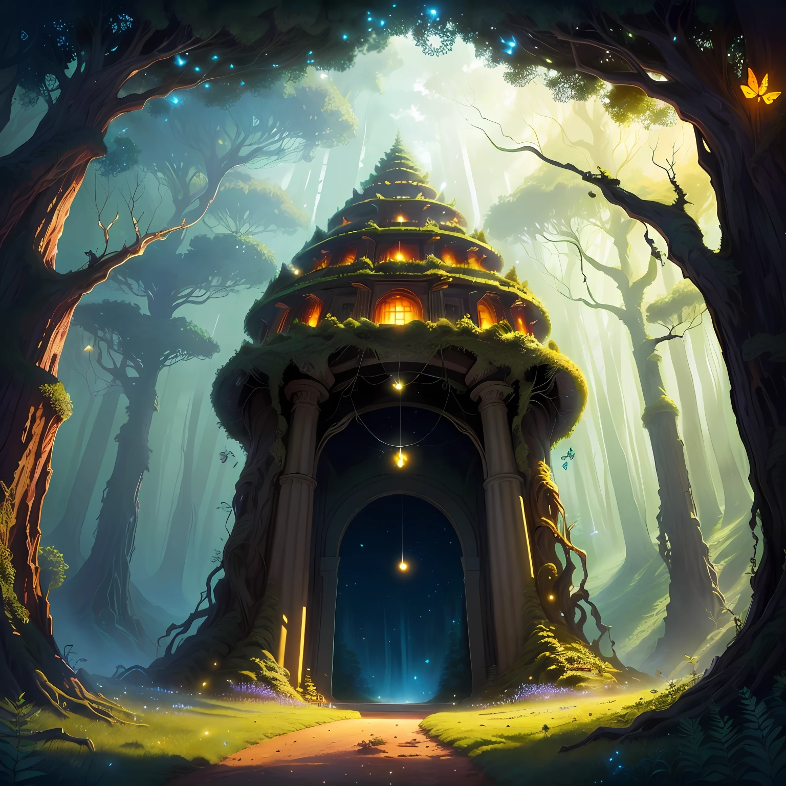 Lonely anthill in a mythical Forest with a big entrance in a natural style with fireflies and butterflies around, solid, detailed