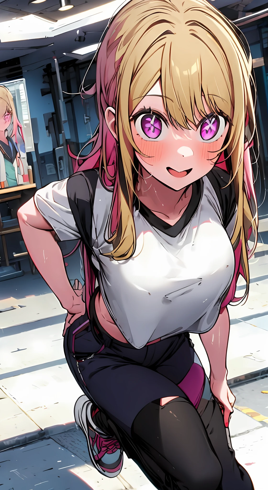 1girl, solo, physical therapist outfit , bangs,happy,posing, multicolored hair, doctors office background , (masterpiece:1.2), highres, best quality, 8k, star-shaped pupils in left eye, blonde hair, long hair, pink eyes, blonde, bangs,happy,posing, multicolored hair, t shirt, long tight pants, physical therapist outfit, doctors outfit, confident face,