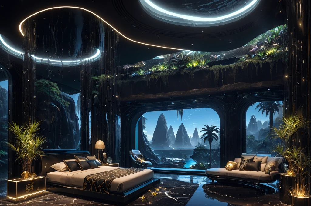 incredible black luxurious futuristic bedroom interior in Ancient Egyptian style with many (((lush plants))) (lotus flowers), ((palm trees)), ((african trees flowers and plants)), (((gorgeous flowers))), rocky walls, ((sand)), ((waterfalls)) (marble), ((precious minerals)), ((metals)), (gemstones), crystals, clouds and ((((water)))), ((curvy futuristic furniture)), (hieroglyphics), ((trees, flowers, plants made out of gemstones and precious minerals and lights)), crocodiles, (((ultra luxury))), (black marble) – with ((beautiful lights)), Unreal Engine, HQ, 16k