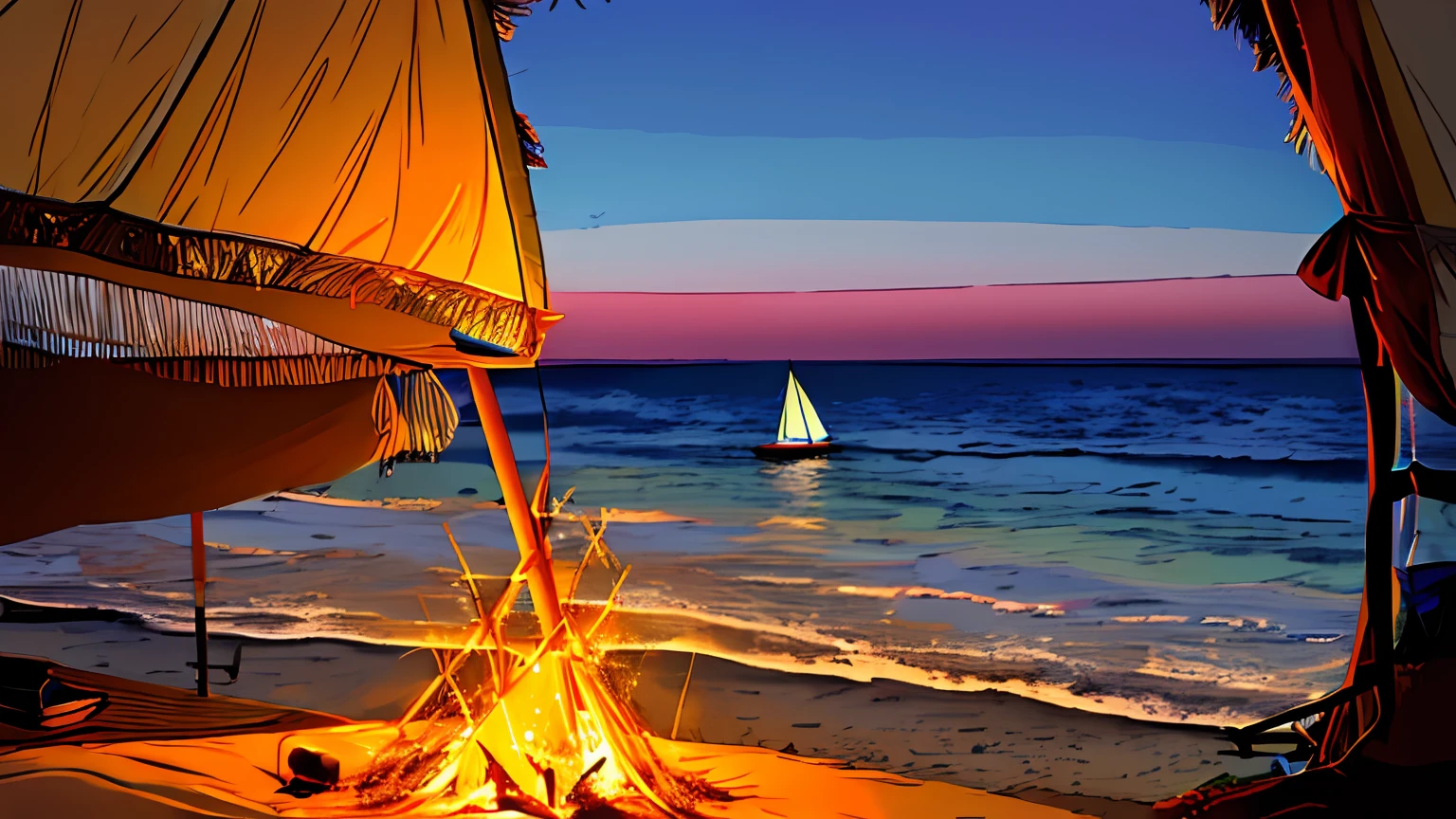 1girl, 1boy, beach, milkway, sea, camp fire, tent, night;,