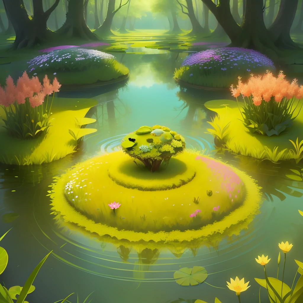 Small anthill made out of flowers and grass on a Lonely lilypad on a water place in a mythical Forest with fairys and butterflies