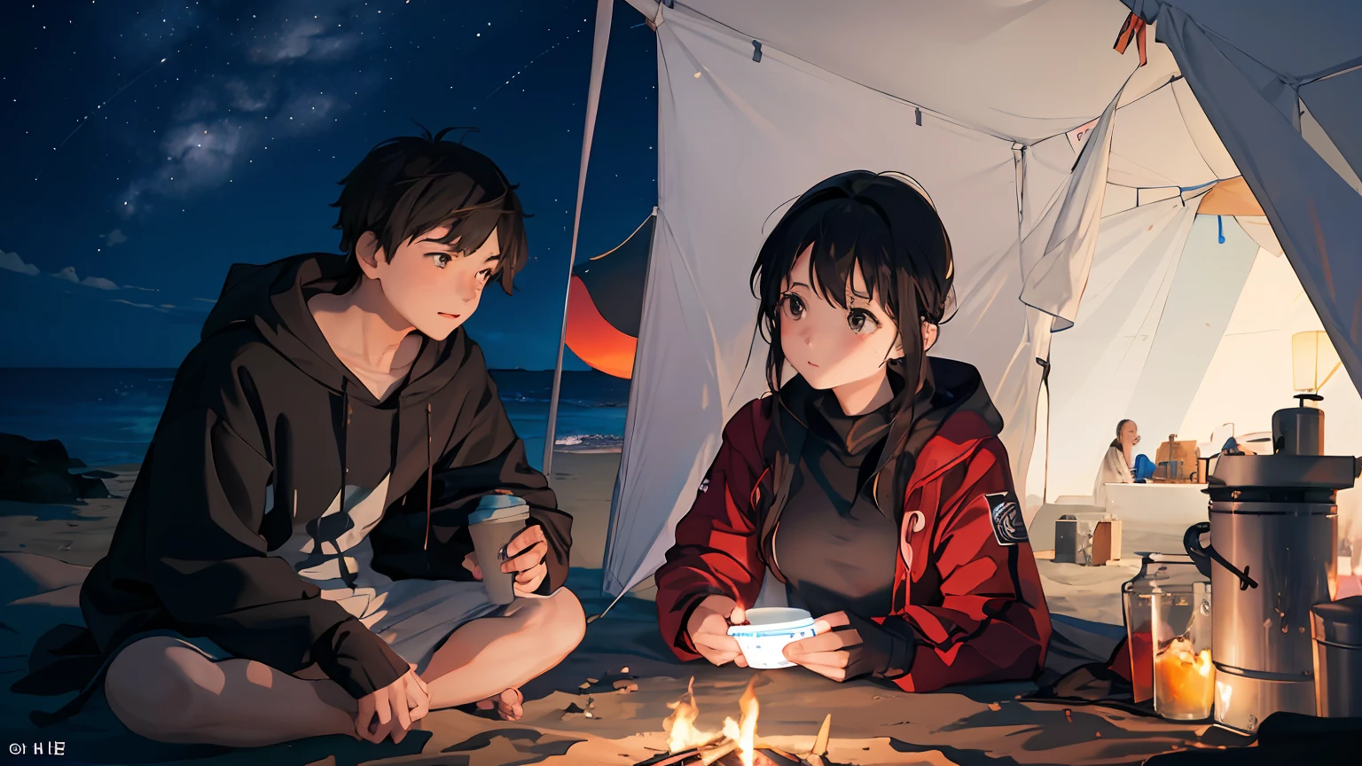 1girl, 1boy, beach, milkway, sea, camp fire, tent, night;,