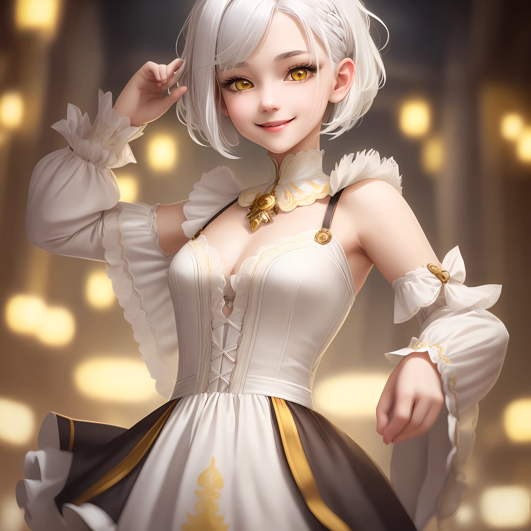 Cinematic, Fancy effects, Petite, Intricate details, 1 girl, Solo, Small girl, (Medium curved bob + White hair : 1.2), Detailed yellow eyes, (Detailed face:1.2), Medium breasts, White T-shits, V-sign, Smile