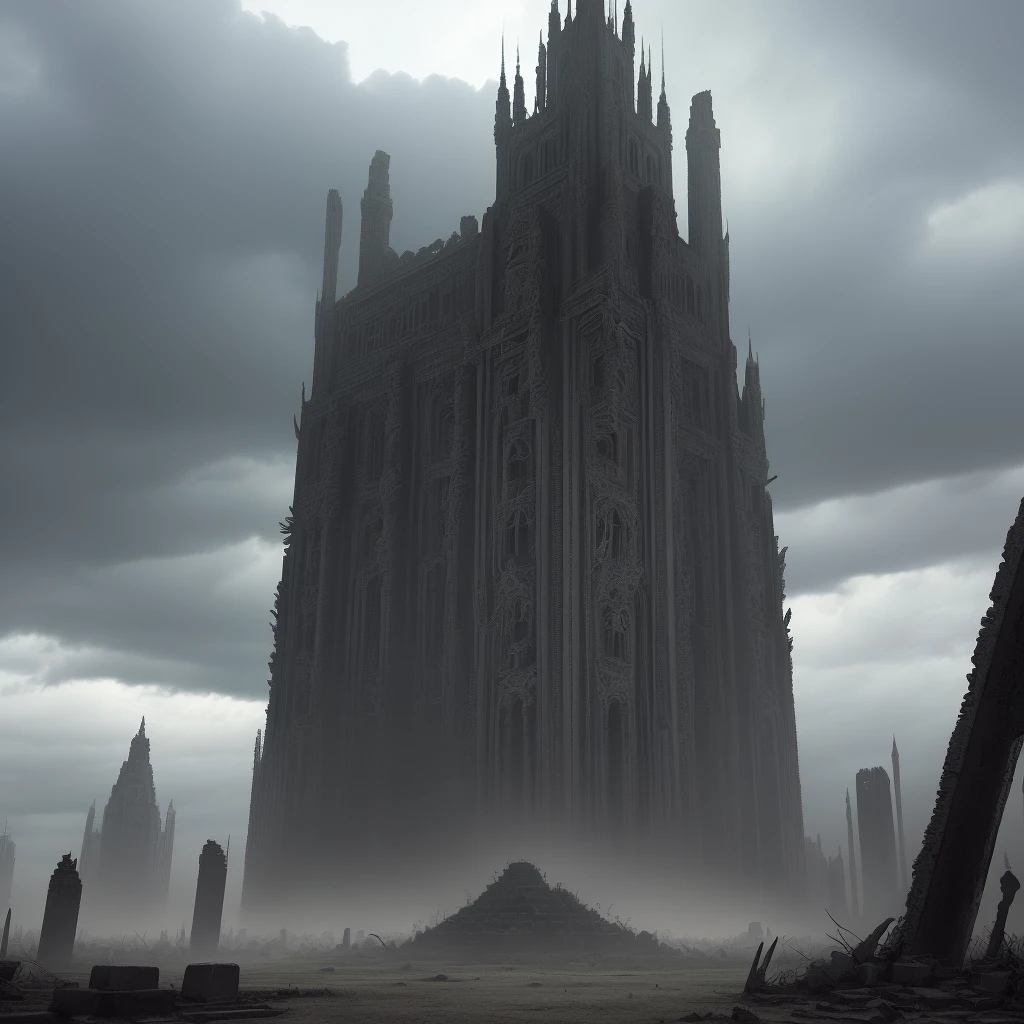 wide angle from the balcony: looking the landscape of Giger palaces in ruins, satanic monuments, totems of evil creatures, dramatic cloudy sky, mystical, hyperdetailed, intricate perfect details, complex, horror art. Illustration