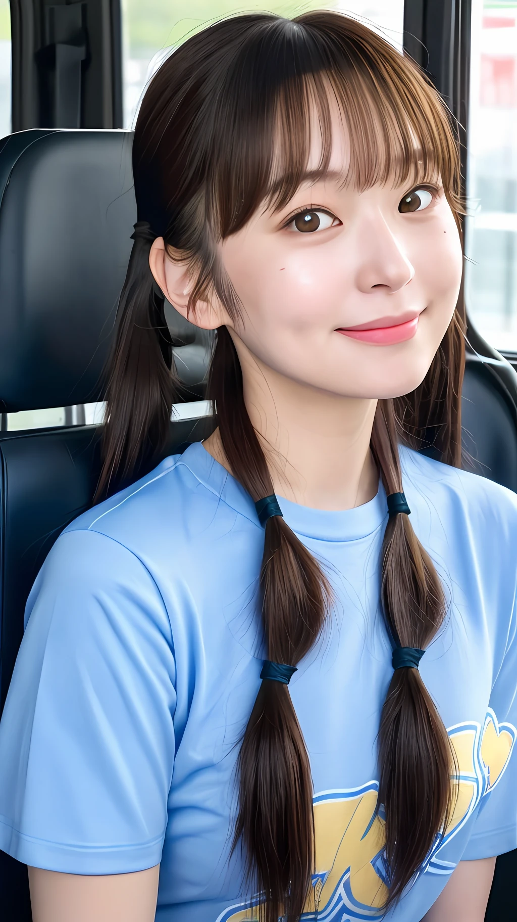 realistic photos of cute Korean star female, uneven twintails, thin makeup, medium breasts size, slightly smile, color t-shirt, in the bus, clear facial features ofsharp and realistic details, Sony FE, 35mm, cinematic lighting, high details, UHD, high quality, HD, 8k, 16k
