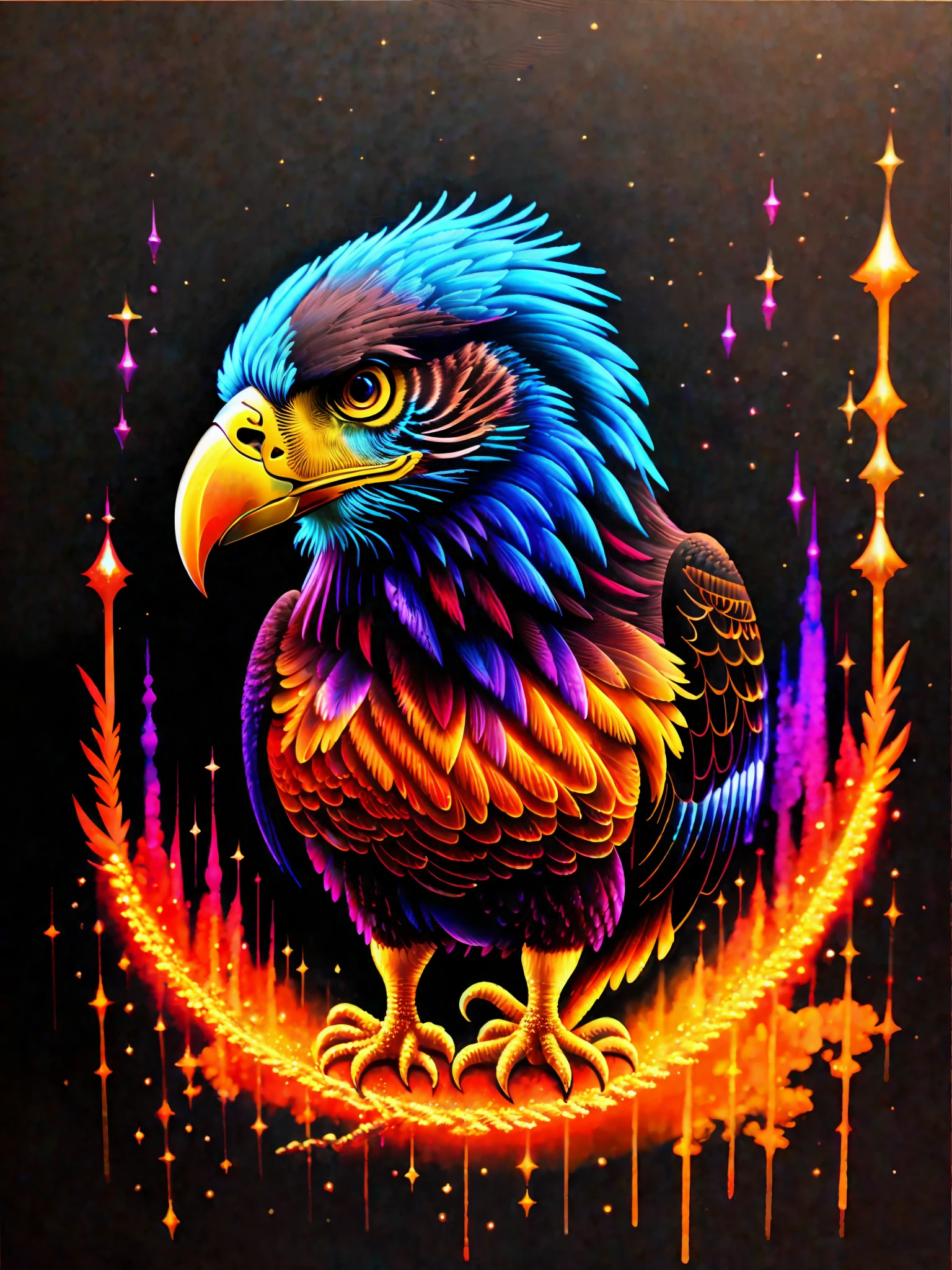 a painting of a colored eagle on a black background,, breathtaking rendering, within a radiant connection, inspired by Kinuko Y. Craft,, magical elements, kitten icon, wow, is beautiful, casting a multi colorful spell, bright flash, flash