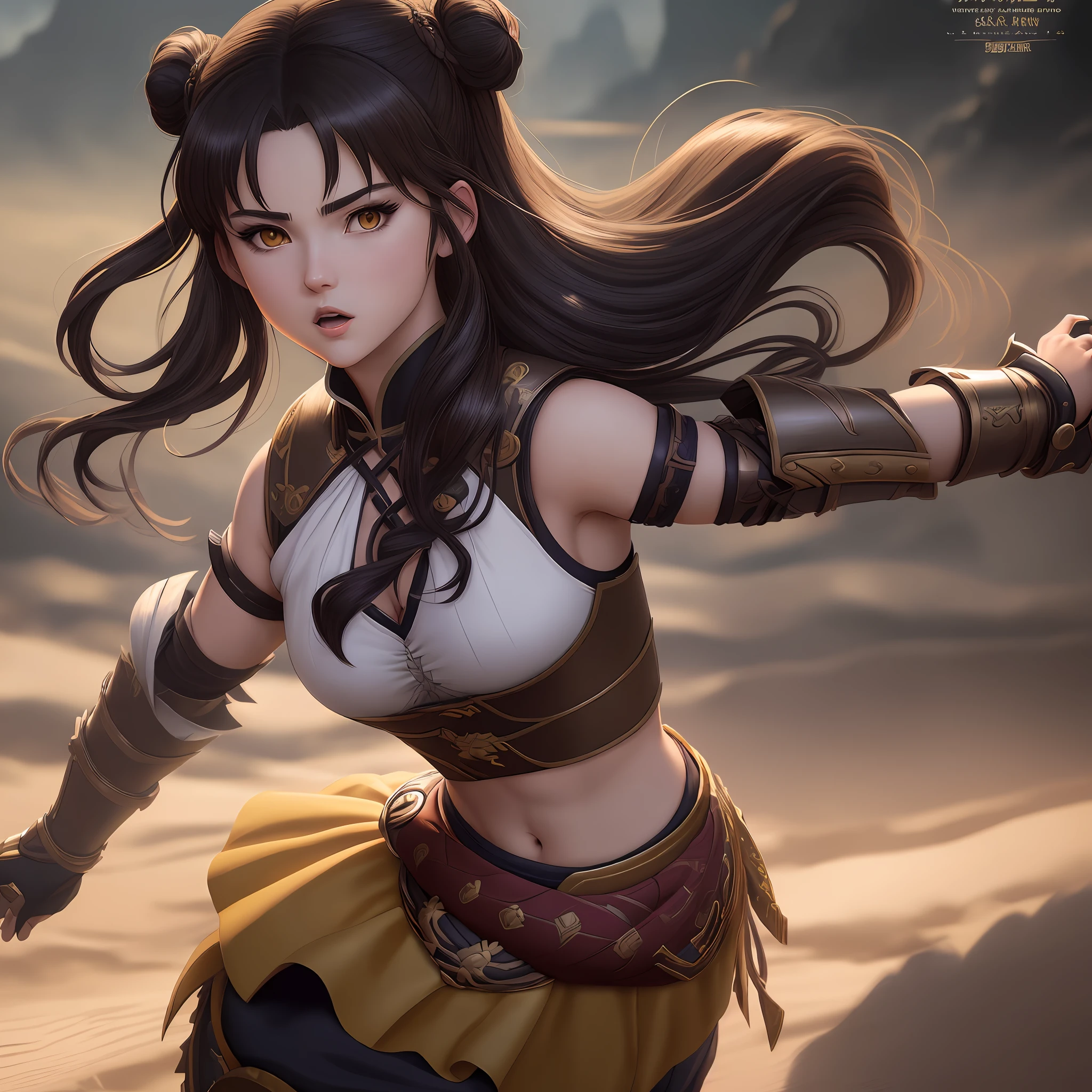 (extremely detailed anime style artwork, obra prima quality, dramatic illumination, best shadows), depicting Princess Kit Tanth from Willow as a fierce Kombat Warrior, with dark hair and a flat-chest.