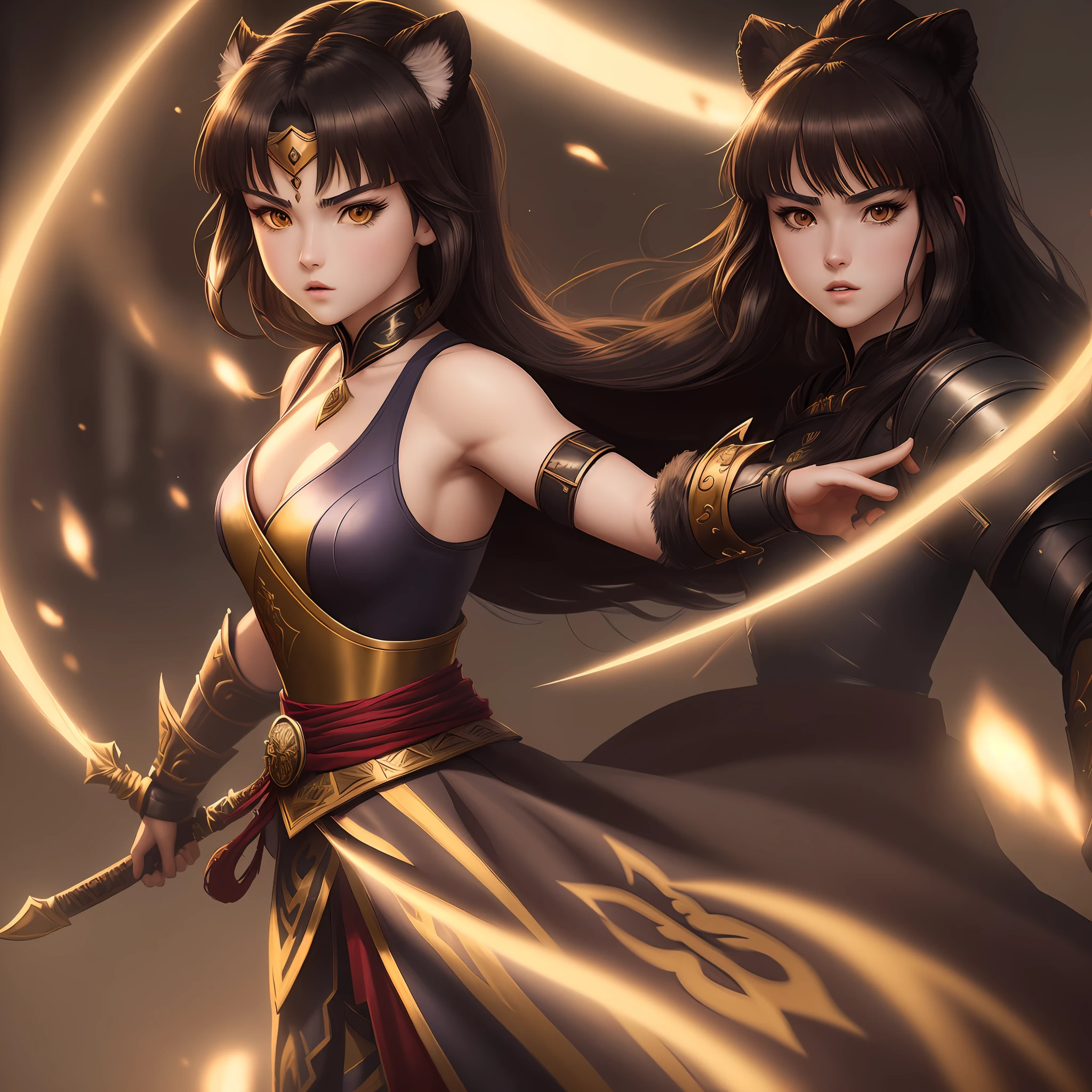 (extremely detailed anime style artwork, obra prima quality, dramatic illumination, best shadows), depicting Princess Kit Tanth from Willow as a fierce Kombat Warrior, with dark hair and a flat-chest.