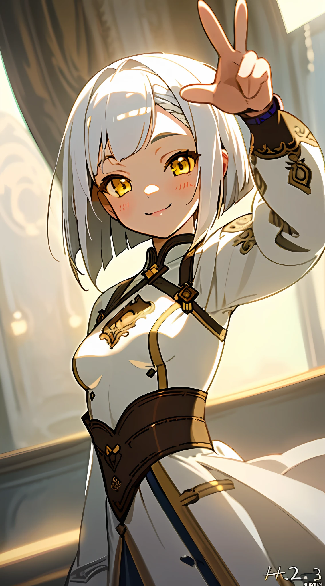 Cinematic, Fancy effects, Petite, Intricate details, 1 girl, Solo, Small girl, (Medium curved bob + White hair : 1.2), Detailed yellow eyes, (Detailed face:1.2), Medium breasts, White T-shits, V-sign, Smile