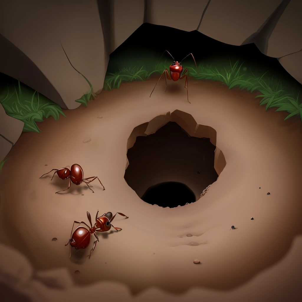 an ominous hole in the ground with ants coming out of it