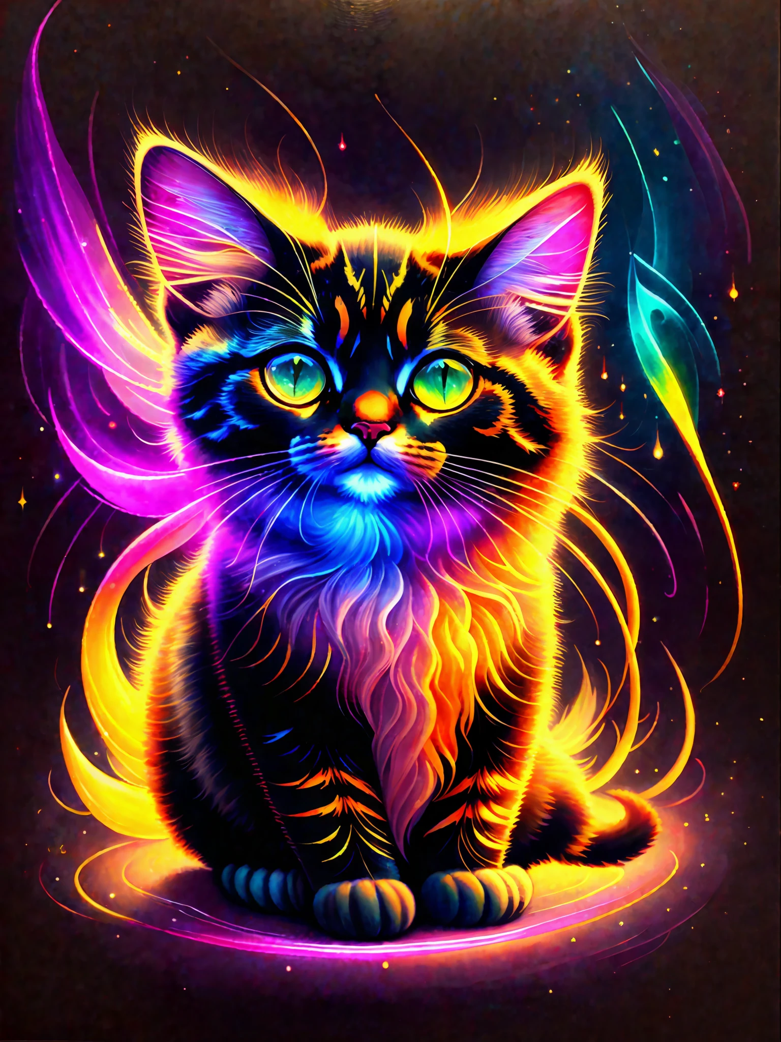 a painting of colored umabaleia on a black background,, breathtaking rendering, within a radiant connection, inspired by Kinuko Y. Craft,, magical elements, kitten icon, wow, is beautiful, casting a multi colorful spell, bright flash, flash