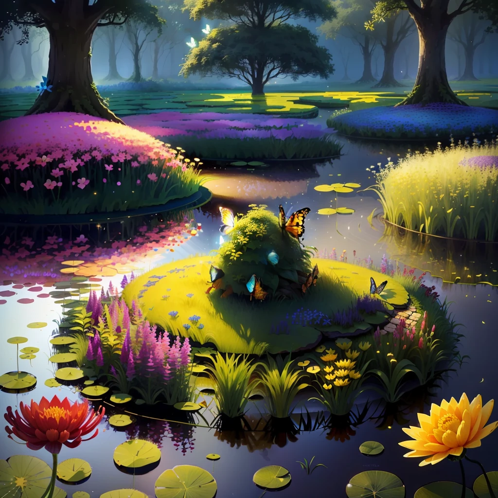 Small anthill made out of flowers and grass on a lilypad on a pond in a mythical Forest with fairys and butterflies around it fireflies