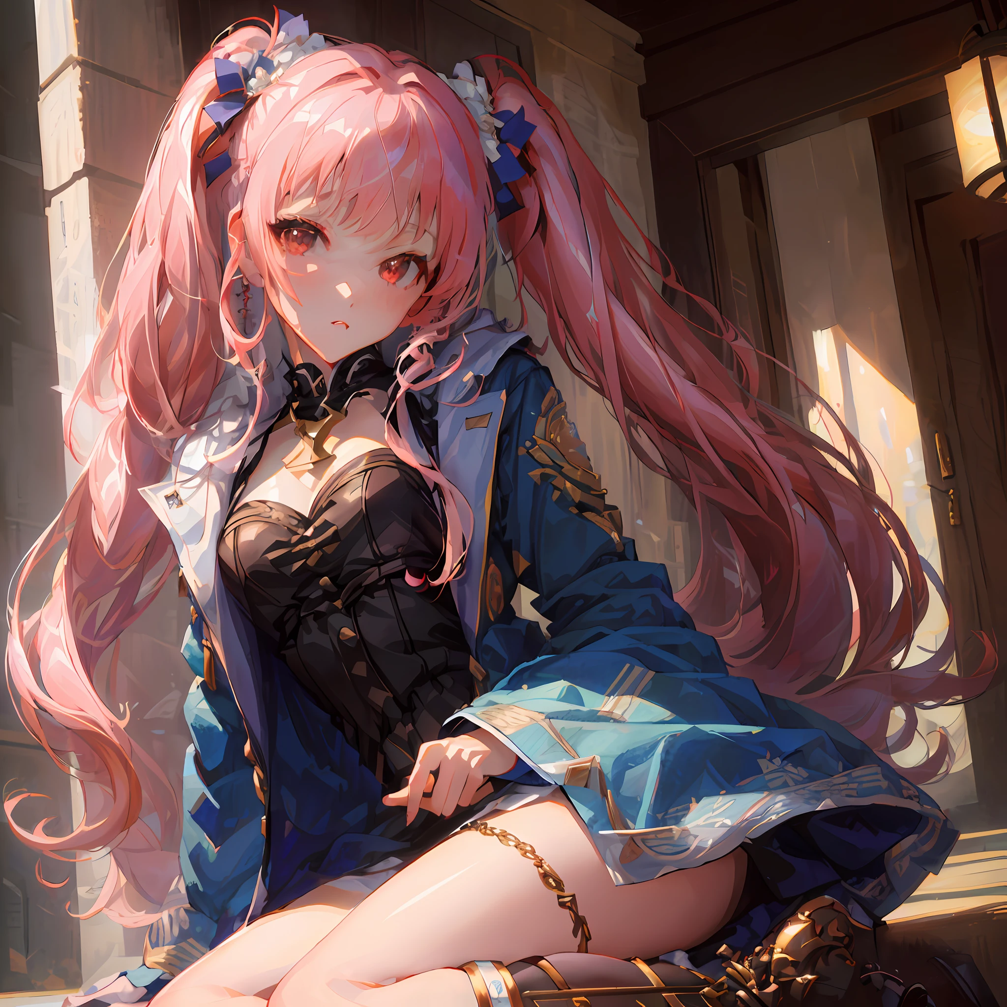 masterpiece, best quality, ultra-detailed, (beautiful detailed face: 1.3), detailed background, high quality, extremely detailed, masterpiece, best quality, ultra detailed, (beautiful detailed face: 1.3), detailed background, high quality, extremely detailed, 1girl, full body, pink_hair, red_eyes, boots, chain, coat, kimono, flaming_eye, flat_chest, brilliant, jacket, mailbox, long_hair, solo, twintails