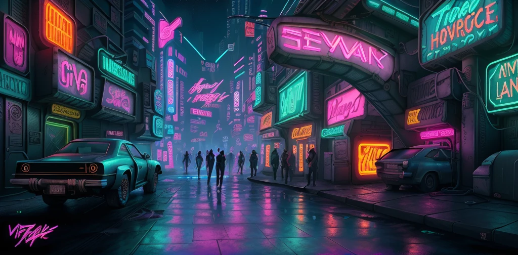 Illuminated city streetscape, neon lights and pedestrians, retro futuristic digital painting, cyberpunk dreamland, luminous concept art, 1 9 8 0 concept art, cyberpunk nightclub, cyberpunk garage on Jupiter, movie neon matte painting, virtual universe concept art, futuristic digital painting, epic reverse wave art, sci-fi nightclub, neon concept art - v6