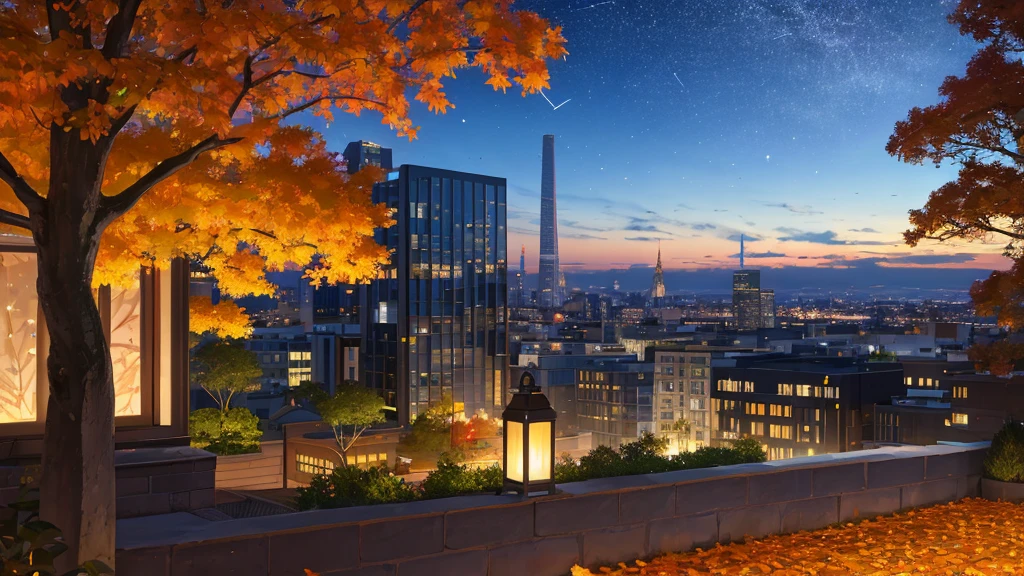 Scenery, Garden, City ,floating leaves, autumn, light and shadow, dream, shooting stars in the sky , evening