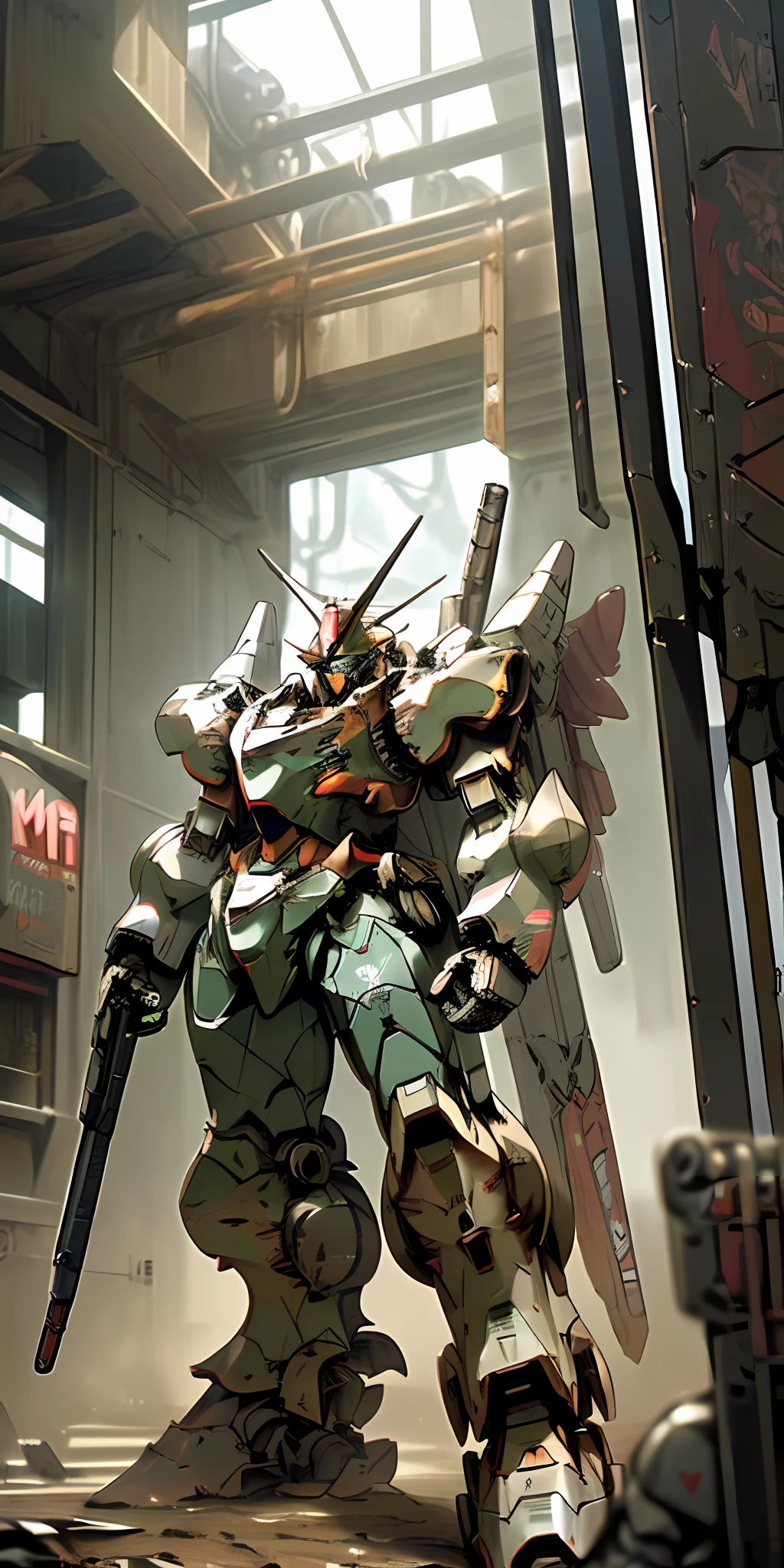 MASTERPIECE, BEST QUALITY, ULTRA DETAIL, ULTRA HIGH DEFINITION, (MECHA,ROBOTIC, MACHINE, ARMORED CORE, ARMORED CORE:1.4), RGM-89S, STARK JEGAN, Stark Jegan, holding rifle in hand, shield attached to shoulder, no humans, ruined urban area, sandstorm,