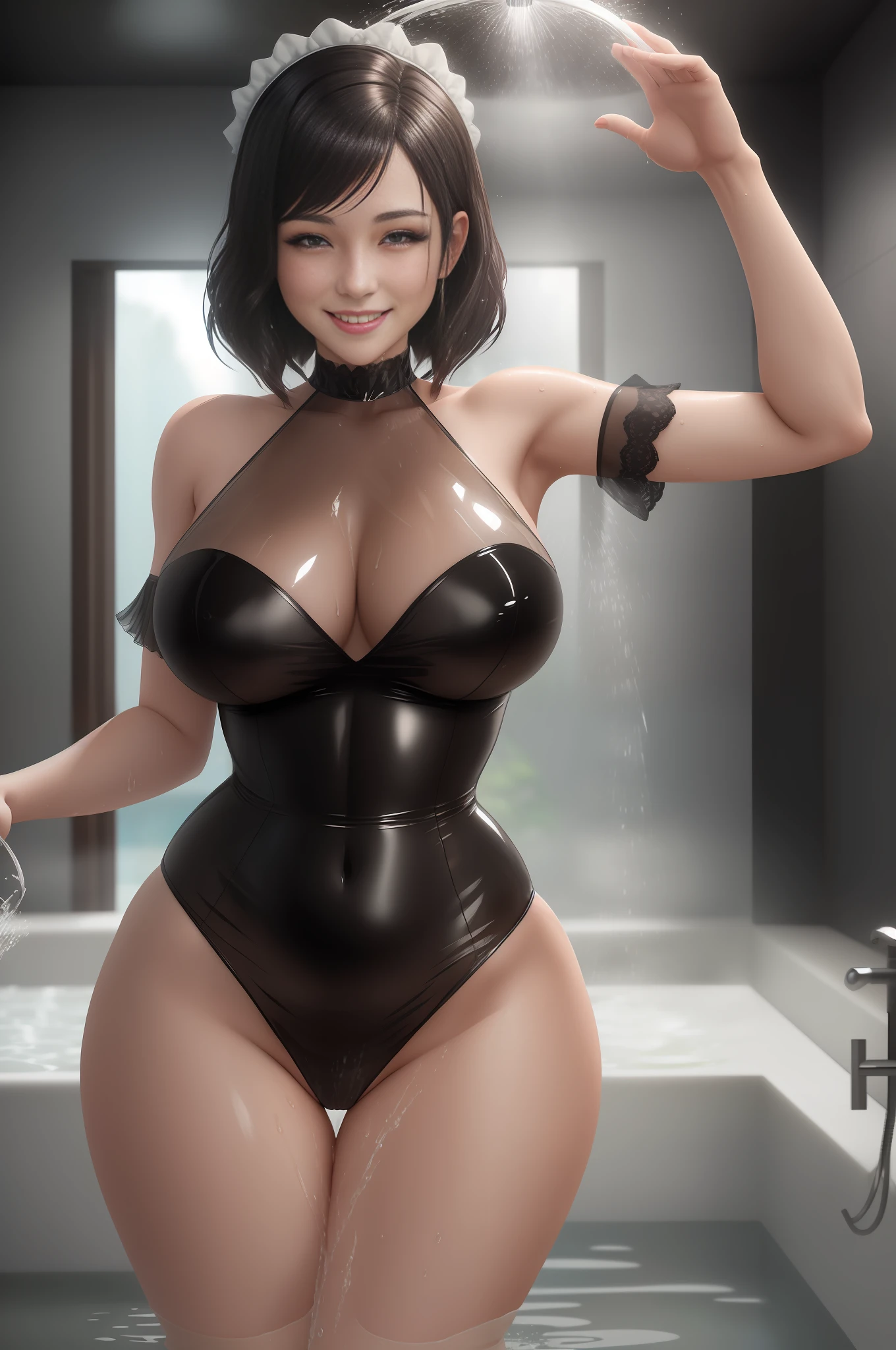 1 woman/maid's outfit all wet transparent/tight on body, Max resolution/detail/quality/sharpness. Unreal Engine 5, Disney/Anime style, short flowing hair, huge breasts1, looking at the viewer, smiling, exhibitionist pose, smiling, showing off to the viewer, bathing in the shower of a luxury hotel room.