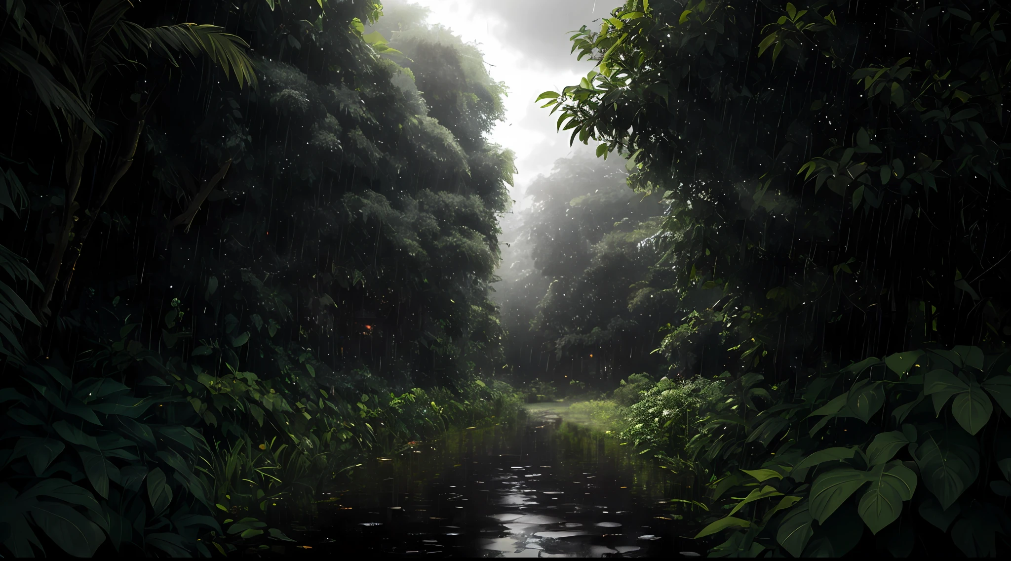 A jungle, with intense rainfall, monochromatic, vines all around, giant and wet trees, masterpiece, best quality, high quality, extremely detailed CG unity 8k wallpaper, oil paiting, award winning photography, Bokeh, Depth of Field, HDR, bloom, Chromatic Aberration ,Photorealistic,extremely detailed, trending on artstation, trending on CGsociety, Intricate, High Detail, dramatic, art by midjourney, volumetric lighting, sunset clouds,