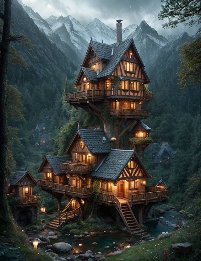knollingcase, valley, fairytale treehouses village, transparent data visualization, trending on art station, by Tom Bagshaw and Seb McKinnon, ultra detailed, hyper-realistic, cinematic, dramatic lighting, volumetric lighting, 150mm, octane render, photorealistic, denoise, photograph with a Hasselblad H3DII