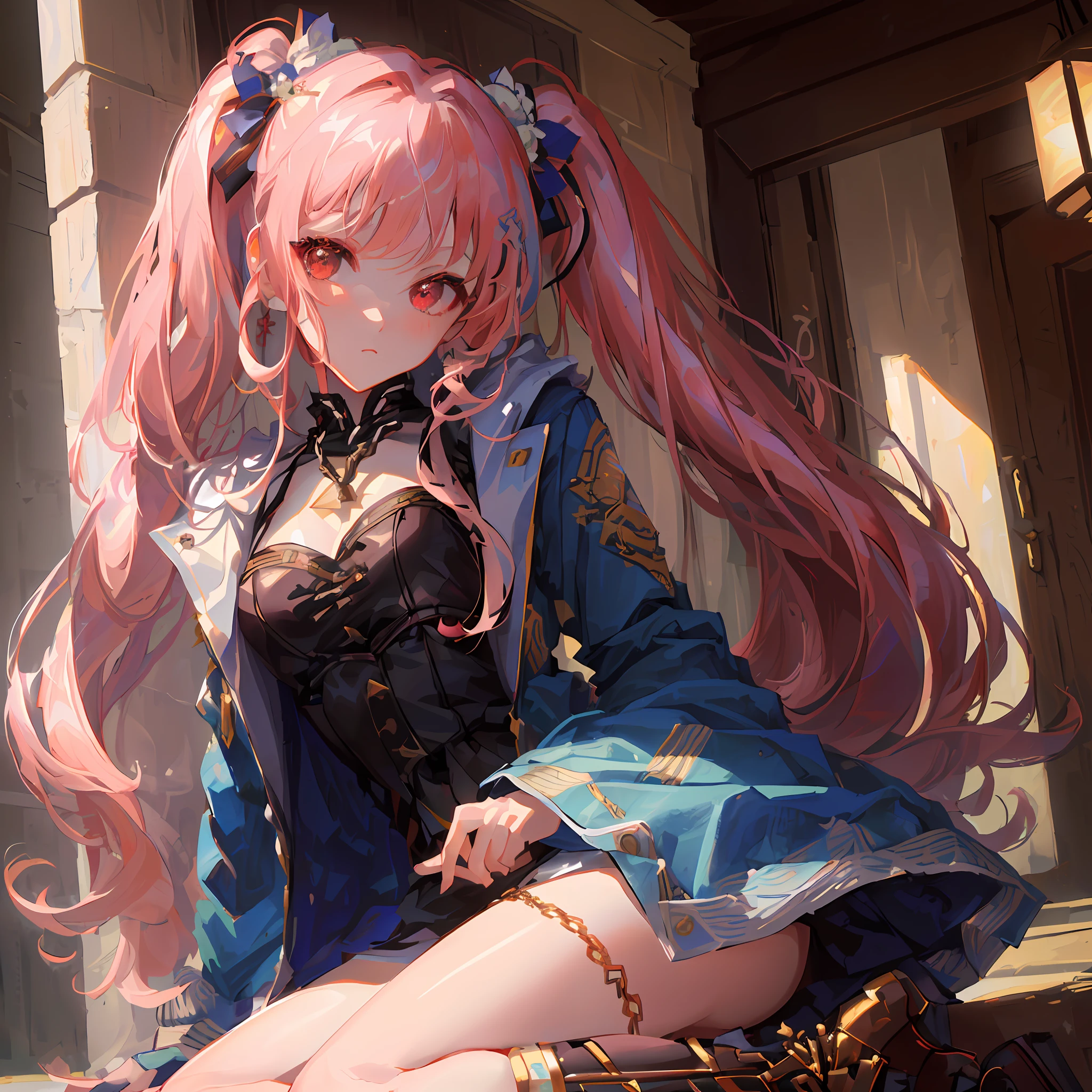 masterpiece, best quality, ultra-detailed, (beautiful detailed face: 1.3), detailed background, high quality, extremely detailed, masterpiece, best quality, ultra detailed, (beautiful detailed face: 1.3), detailed background, high quality, extremely detailed, 1girl, pink_hair, red_eyes, boots, chain, coat, kimono, flaming_eye, flat_chest, brilliant, jacket, mailbox, long_hair, solo, twintails