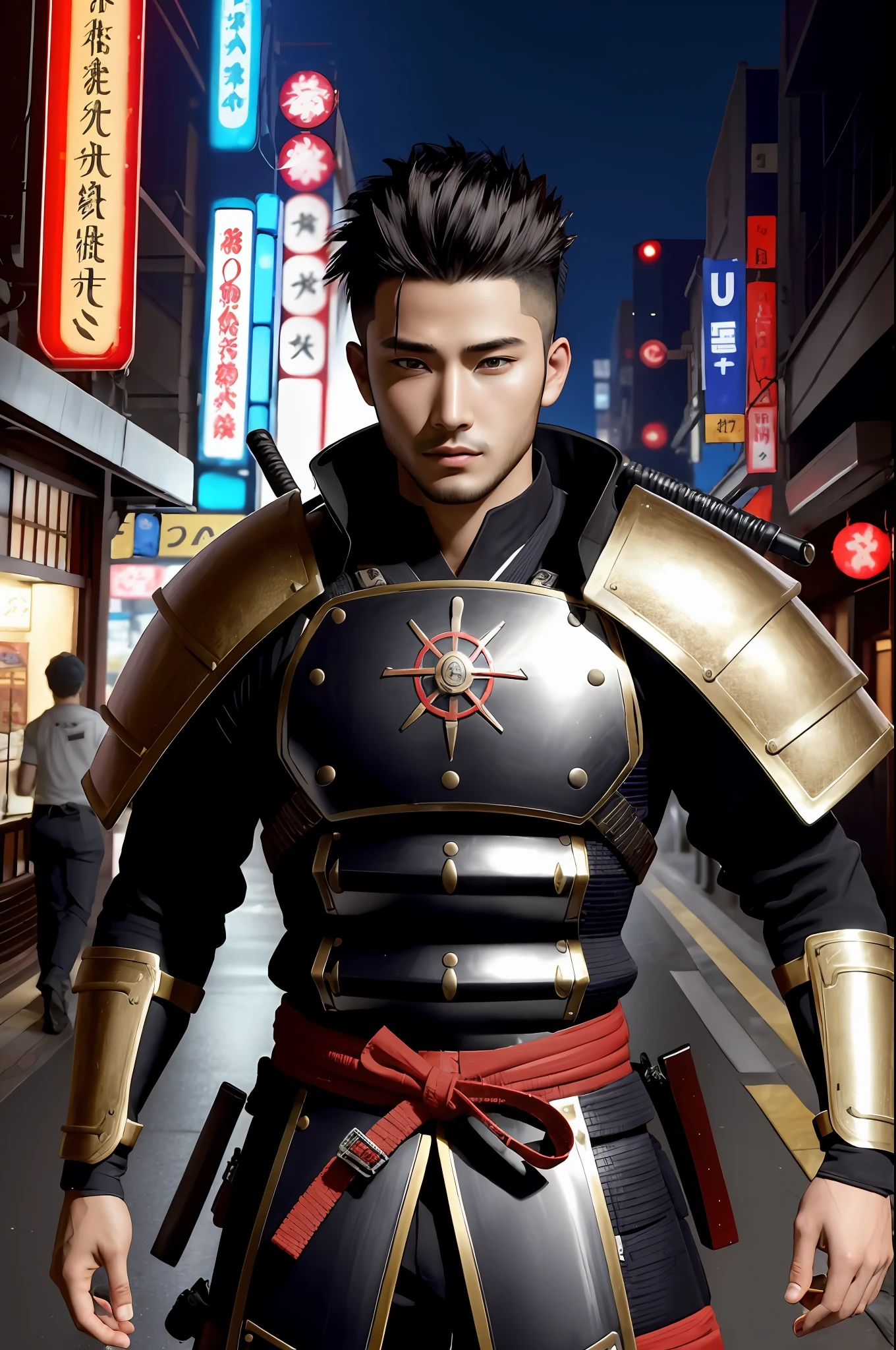 A 23-year-old man, samurai, with swords on his back, samurai costume, in futuristic Japanese city cyberpunk style 2077, character front, hyper realistic, many details