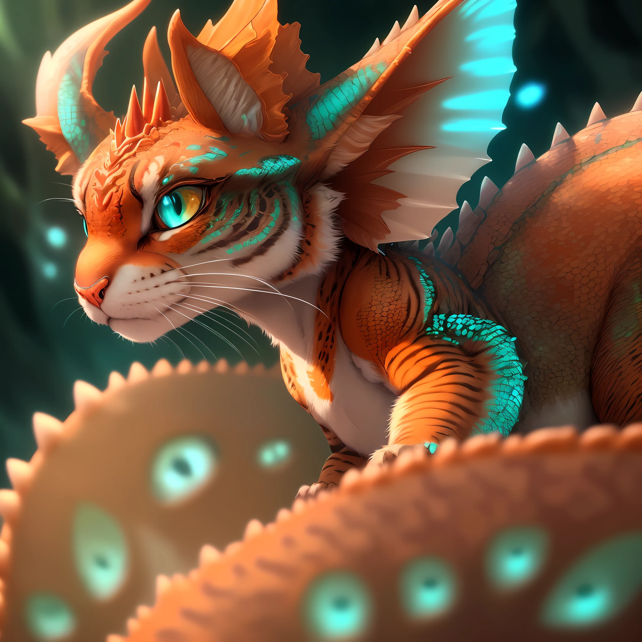 (extremely detailed CG-Unity 8k wallpaper, masterpiece, best quality, hybrid fantasy cat dinosaur creature),(best lit, best shaded, extremely delicate and beautiful),
floating, red background, turquoise eyes, , orange belly, green scales,(small horns on the head),
(dynamic background, full of adventure.