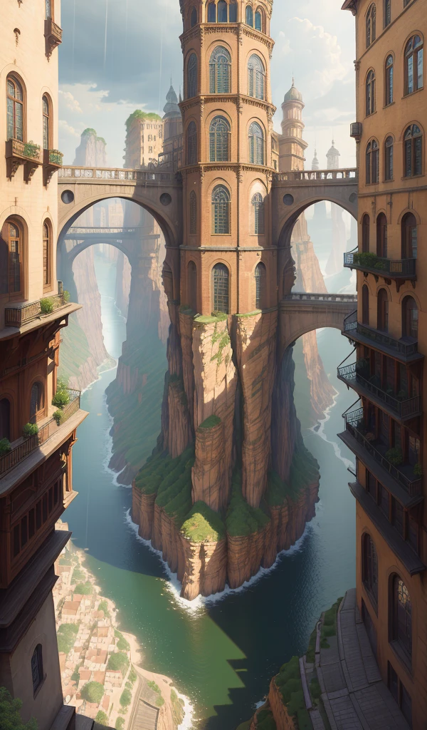 ((masterpiece)),((best quality)),((high detial)),((realistic,))
Industrial age city, deep canyons in the middle, architectural streets, bazaars, Bridges, rainy days, steampunk, European architecture