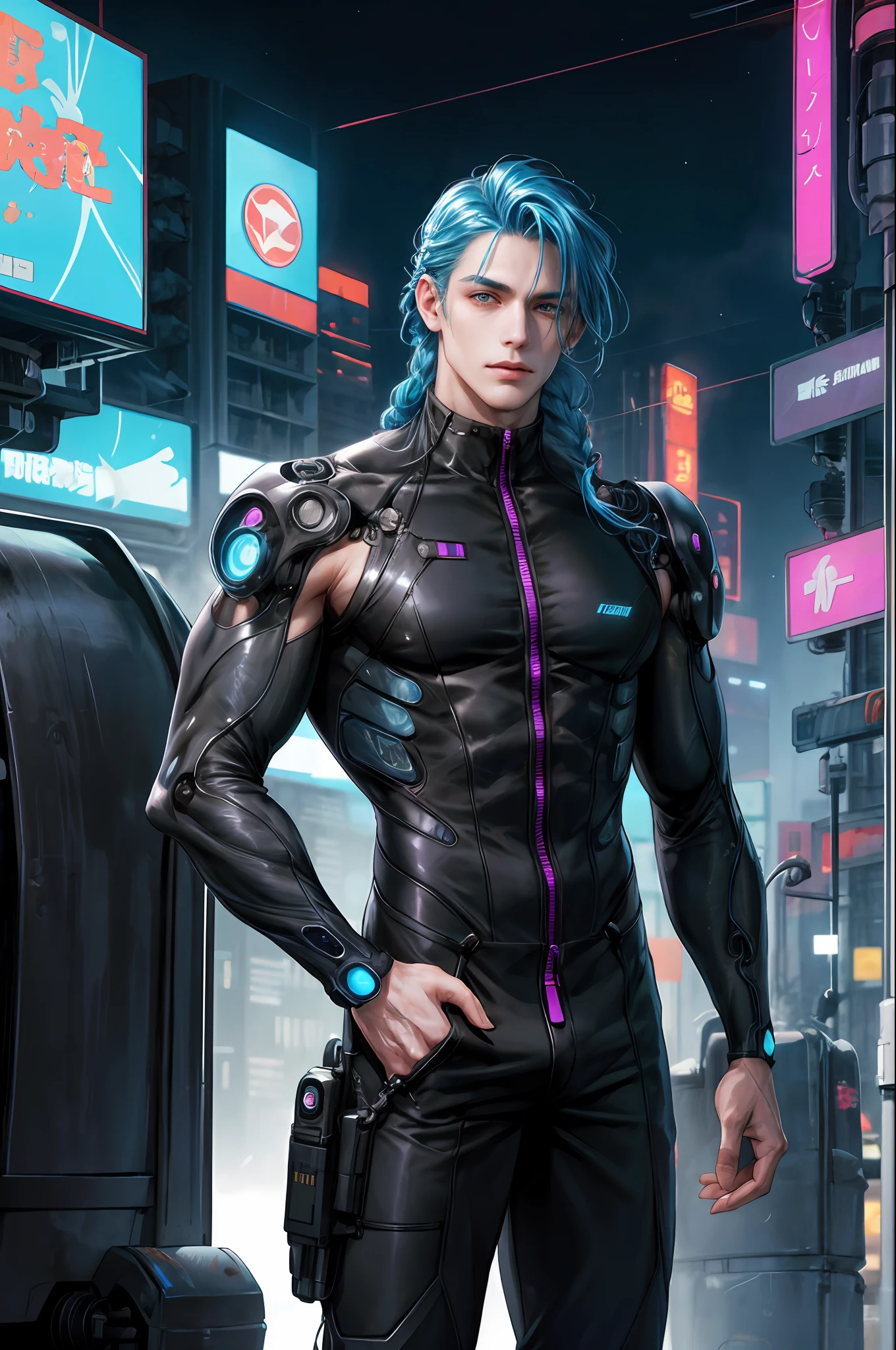 masterpiece, best quality, 1male, handsome, tall muscular face, wavy blue hair blooming, hair braided, eyes symmetrical, best ratio of four fingers to one thumb, best light and shadow, backdrop, moderate sunlight, dressed in a tight black jumpsuit, cyborg, mechanical sleeve, cyberpunk, sci-fi, half body, futuristic clothes, speed, night city, neon sign, cyan, magenta