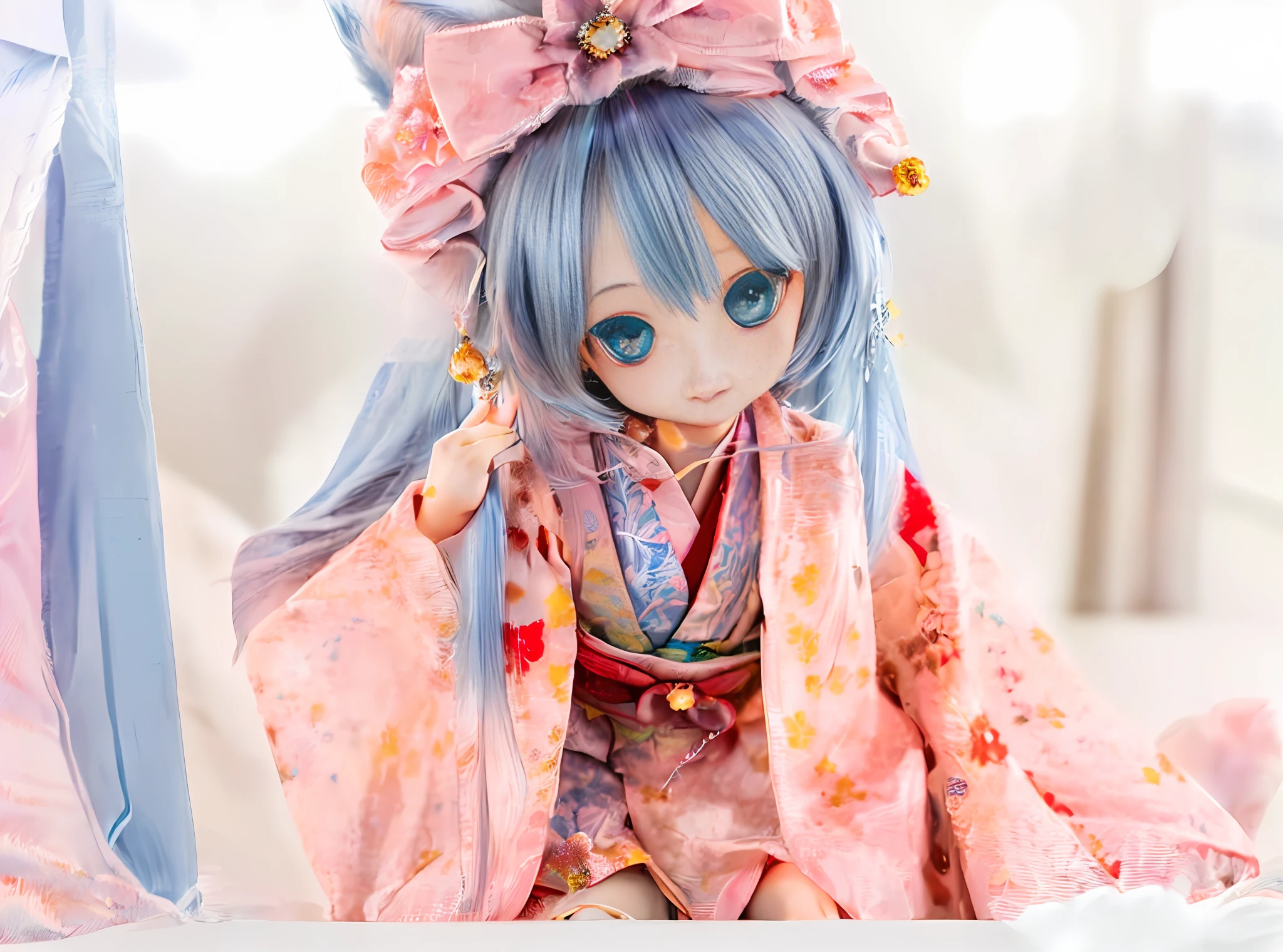 (Masterpiece, Super Detail, Top Quality, High Resolution, Perfect Anatomy, Ultra-fine Illustration, Film Lighting, Caustics, Production Art, Beautiful Face, 16K, 32K, Cute, Anime Girl: 1.2), Beautiful Big Anime Eyes, Fox Ears, Fox Tail, Kimono, Smile, (Huge Chest Mother Crouching and Flat Chest Daughter Standing Side by Side:1.4), Japanese-Style Room, Futon, Shoji