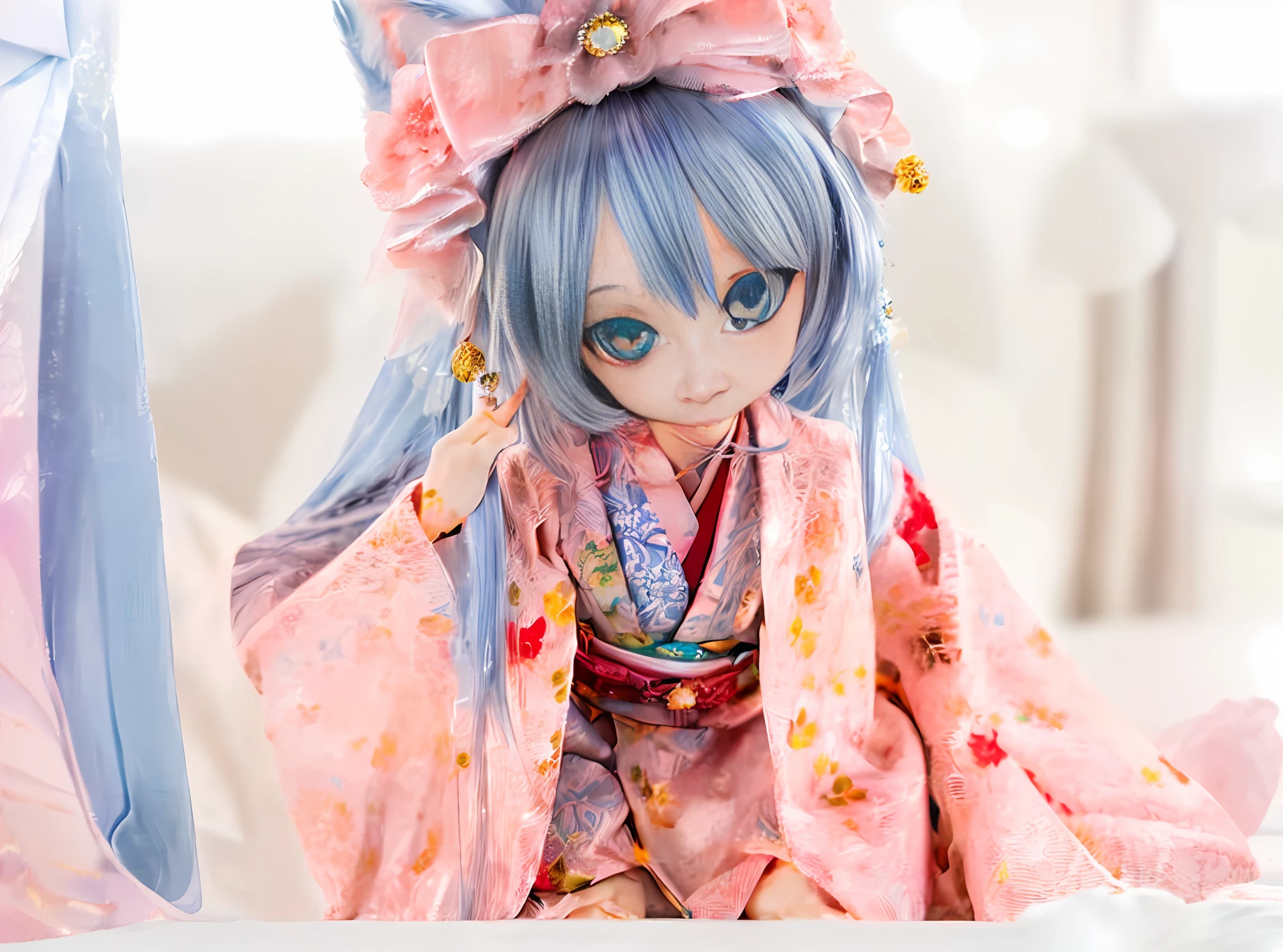 (Masterpiece, Super Detail, Top Quality, High Resolution, Perfect Anatomy, Ultra-fine Illustration, Film Lighting, Caustics, Production Art, Beautiful Face, 16K, 32K, Cute, Anime Girl: 1.2), Beautiful Big Anime Eyes, Fox Ears, Fox Tail, Kimono, Smile, (Huge Chest Mother Crouching and Flat Chest Daughter Standing Side by Side:1.4), Japanese-Style Room, Futon, Shoji