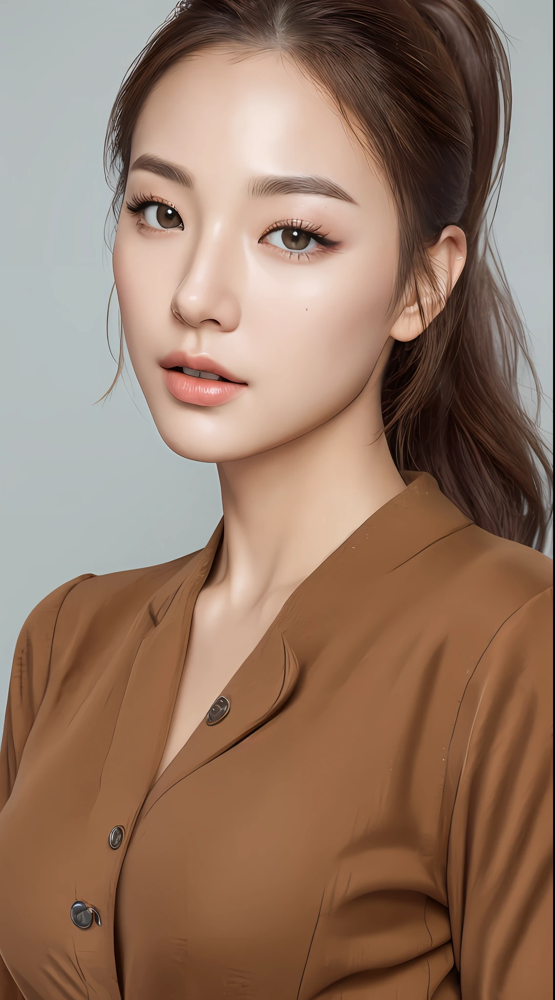 1girl, Beautiful face, (photo realistic:1.4), (high detailed skin:1.3), 8k uhd, dslr, high quality, high resolution, 4k, 8k, absurdres, best ratio four finger and one thumb, (realistic:1.4), little lips, ((Best quality, 8k, Masterpiece :1.3)), A pretty woman, ((brown hair, Big breasts :1.2)), Highly detailed face and skin texture, Detailed eyes, Double eyelid, (realistic face:1.3), ponytail contorted, full body,