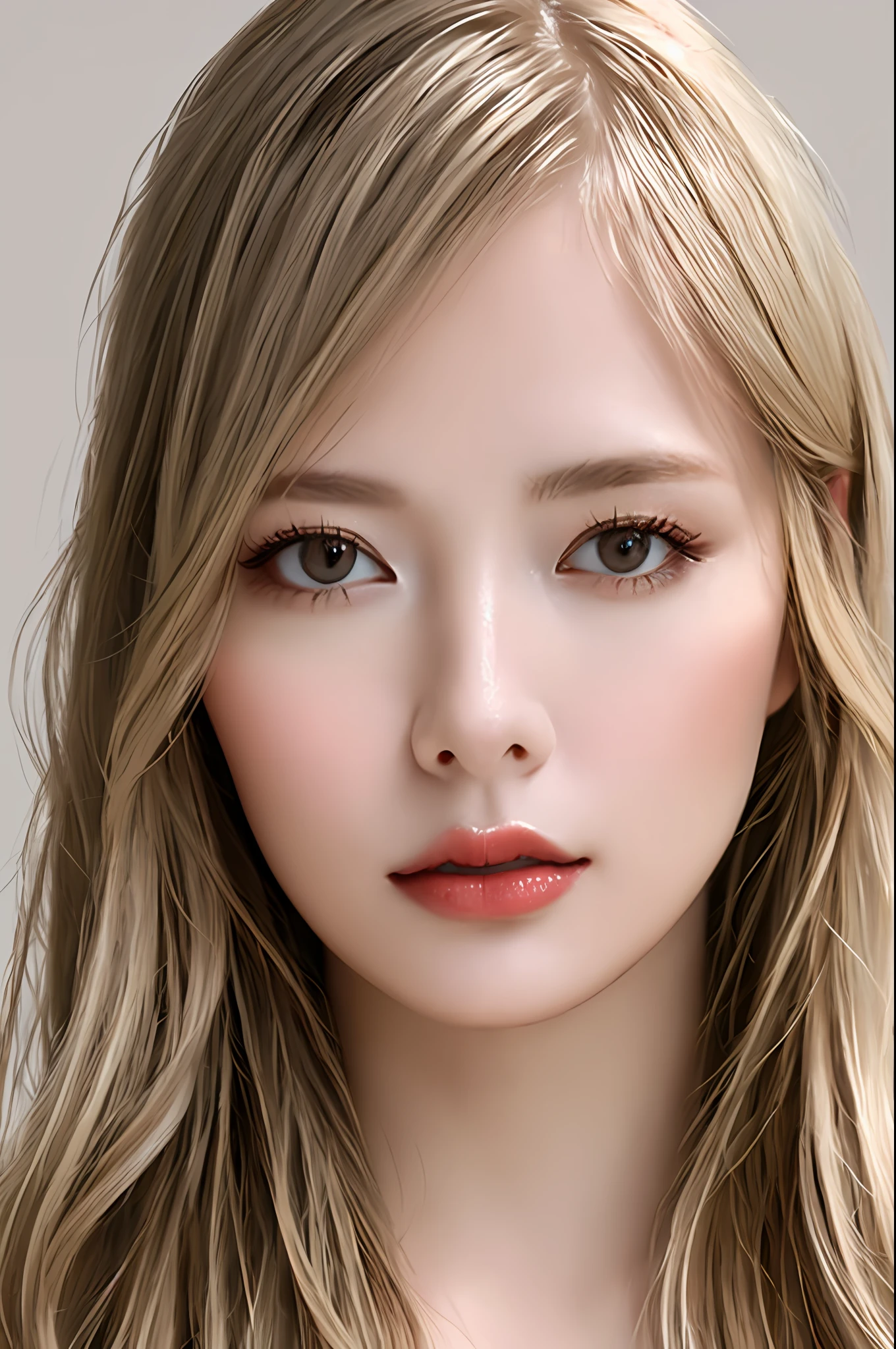 Stunning close-up portrait of a young and beautiful woman with RAW, analog style and impressive features. She must have long, flowing blonde hair, a seductive gaze, and a charming look. The background is neutral and simple, allowing the woman to be the focal point of the image. Pay attention to details, such as highlights and shadows on her face and hair, to create realistic and realistic images. Experiment with different lighting techniques to enhance the mood and atmosphere of your portrait. The final product should be a masterpiece that captures the essence and beauty of women ((Highly detailed skin, skin details)), Sharp Focus, Volumetric Fog, 8K, UHD, DSLR, High Quality, Film Grain, Fujifilm XT3