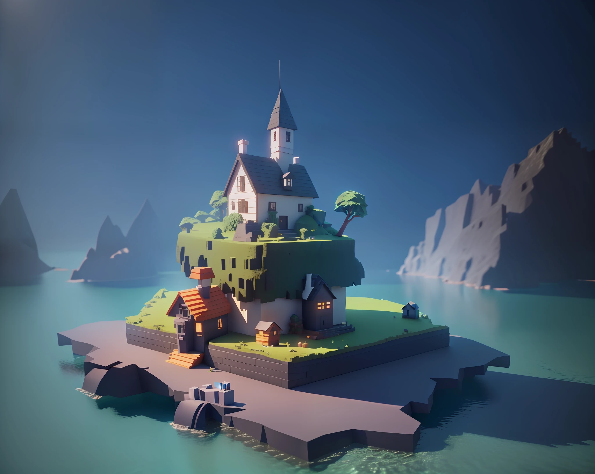 small building with a chimney on a small island, stylized 3d render, 3 d render stylized, stylized as a 3d render, stylized 3 d, 3 d low poly render, 3d low poly render, rendered in cinema4d, rendered in cinema 4 d, magicavoxel, cute 3 d render