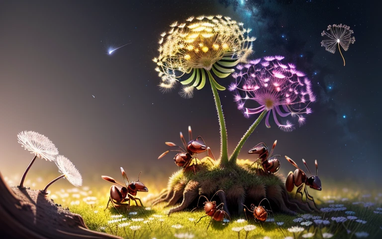 In this cute colony of ants, there are small ants in the surrounding environment.
A beautiful glowing rainbow in the sky.
Dandelion seeds floating. Next to the anthill, a tree of Sakura.
ART, 16k, ???, semi realistic,