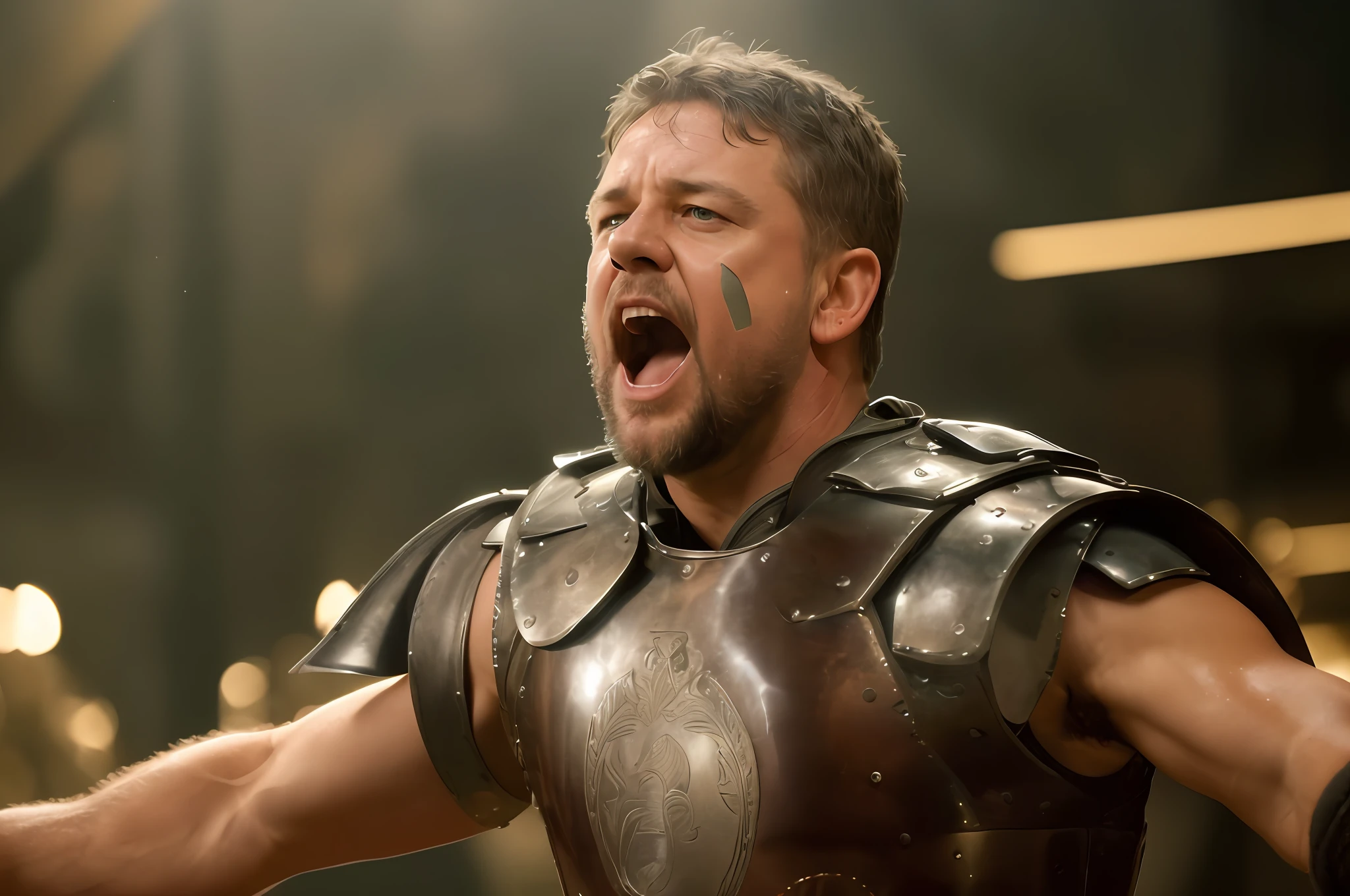 Hyper-detailed, photorealistic photograph of Russell Crowe in 2001 as Maximus Decimus Meridius in the film Gladiator, screaming as he pointed his sword at the sky in the coliseum, (((young russell crowe, athletic body, well defined, 35 years old)) light brown skinned, biracial 30 years old. he looks at the camera while standing in front of his Egyptian palace, she uses her hands to display her cosmic magical powers, Fierce Cinematic, Color Grading, Portrait Photography, Ultra-Wide Angle, Depth of Field, Hyper-detailed, Beautifully Colored-coded, Insane Details, Intricate Details, Beautifully Colored, Unreal Engine, Cinematic, Color Grading, Editorial Photography, Photography, Photoshoot, Photographed on 70mm Lens, Depth of Field, DOF, Tilt Blur, Shutter Speed 1/1000, F/22, White Balance, 32k, Super Resolution, Megapixel, Pro Photo RGB, VR, Solitaire, Good, Massive, Half Backlight, Backlight, Natural Lighting, Incandescent, Fiber Optics, Cinematic Lighting, Studio Lighting, Soft Lighting, Volumetric, Conte - Jour, Beautiful Lighting, Accent Lighting, Global Lighting, Global Screen Space Lighting, Ray Tracing Global Lighting, Optical, Scattering, Bright, Shadows, Rough, Sparkling, Ray Tracing Reflections, Lumen Reflections, Screen Space Reflections, Diffraction Sorting, Chromatic Aberration, GB Displacement, Scan Lines, R a y Traced, Ray Tracing Occlusi Ambient In, Anti-Aliasing, FKAA, TXAA, RTX, SSAO, Shaders, OpenGL - Shaders, GLSL - Shaders, Post-Processing, Post Production, Cell Shading, Tone Mapping, CGI, VFX, SFX, insanely detailed and intricate, hyper maximalist, elegant, hyper realistic, super detailed, dynamic pose, photography, hyper realistic, volumetric, photorealistic, ultra photoreal, ultra-detailed, intricate details, 8K, super detailed, full color, ambient occlusion, volumetric lighting, al