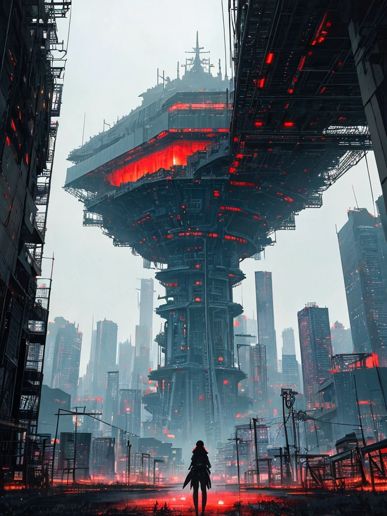 The painting depicts a surreal and futuristic landscape that mixes breathtaking beauty and horror. The sky was a deep, pulsating red, and dark clouds seemed to be alive and moving. In the distance, huge cityscapes, towering skyscrapers, neon lights, and rows of buildings can be seen. The city is illuminated by a variety of colors and displays, adding to the overall feeling of awe and wonder. However, there is also a sense of horror in the picture. Buildings and structures appear to be in a state of decay and disrepair, with broken windows, partially missing and cracked facades. The city is vibrant, but there is a sense of chaos and unease, as if something is going wrong. In the foreground, there is a huge, sentient being with a distorted and inhuman appearance. This living being is made up of wires, electrical circuits and mechanical parts, and it seems to emerge from the ground, as if rising from the depths of the earth. Its eyes flashed with intense red light, and its mouth opened to reveal rows of sharp metal teeth. The background is shrouded in darkness, with only a few dim lights in the distance. There is a sense of the unknown and uncertainty, as if the world beyond the cityscape is vast and wild. This photo captures the essence of surreal and futuristic worlds, mixing stunning beauty and horror. Visually stunning, the image shows the world in a new and unusual way, mixing the familiar and the unknown. High Detail RAW Color Art, Animation, Cartoon, (White Theme), (Intricate Detail, Fine Detail, Hyperdetail), Ray Tracing, Subsurface Scattering, ((Pastel Colors)), Diffuse Soft Lighting, Shallow Depth of Field, by Oliver Wetter, by Stanley Kubrick, shot with Canon EOS R5, 28mm lens, F/2.8, sharp focus bokeh