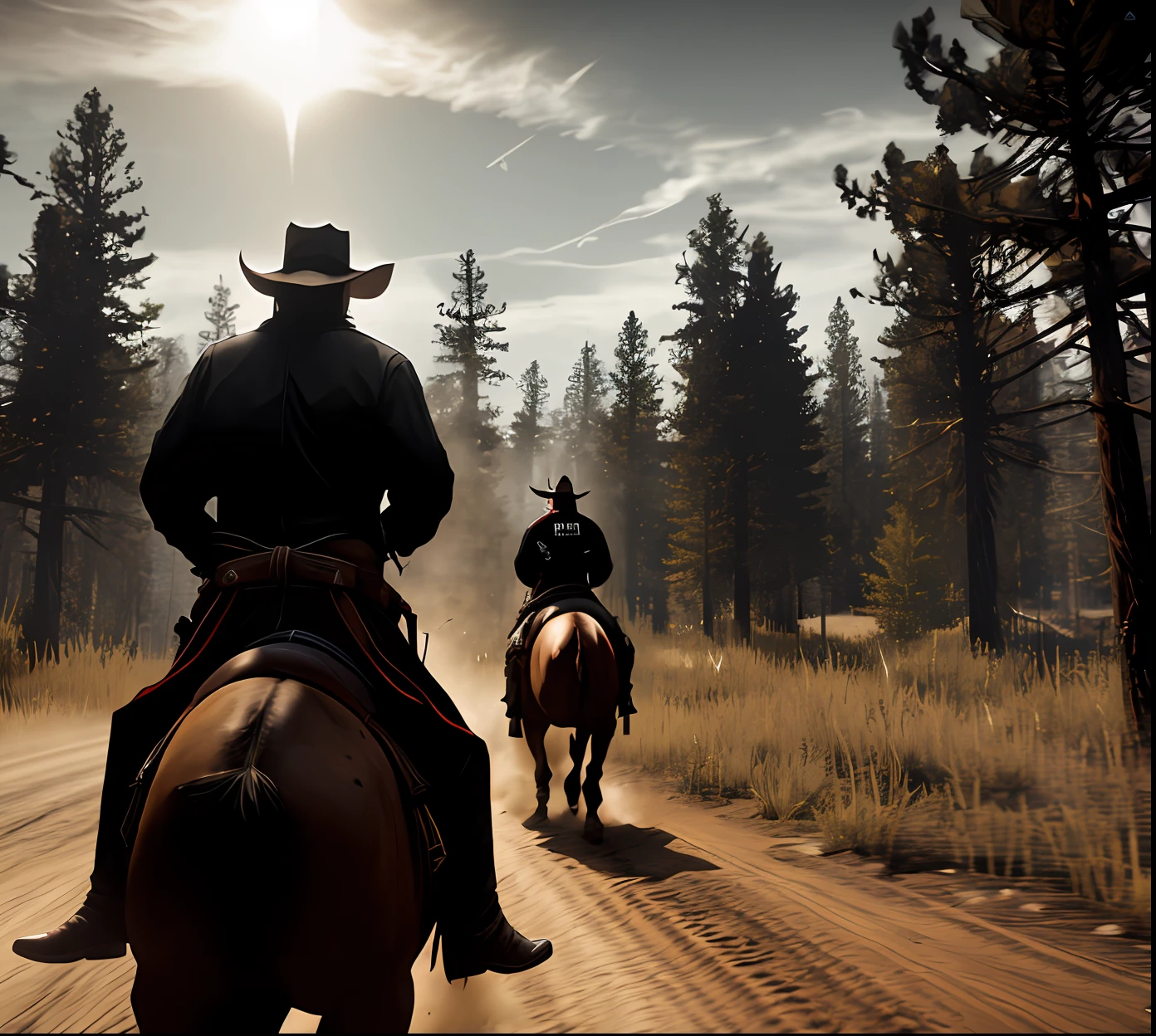 Ritual klu klux klan, armed cowboy approaching, cinematic, western, cross of fire, men with white hood, night forest, suspense, realistic, stylish, rutkowski, hdr, hyperdetailed, cinematic, rim light, red dead redemption