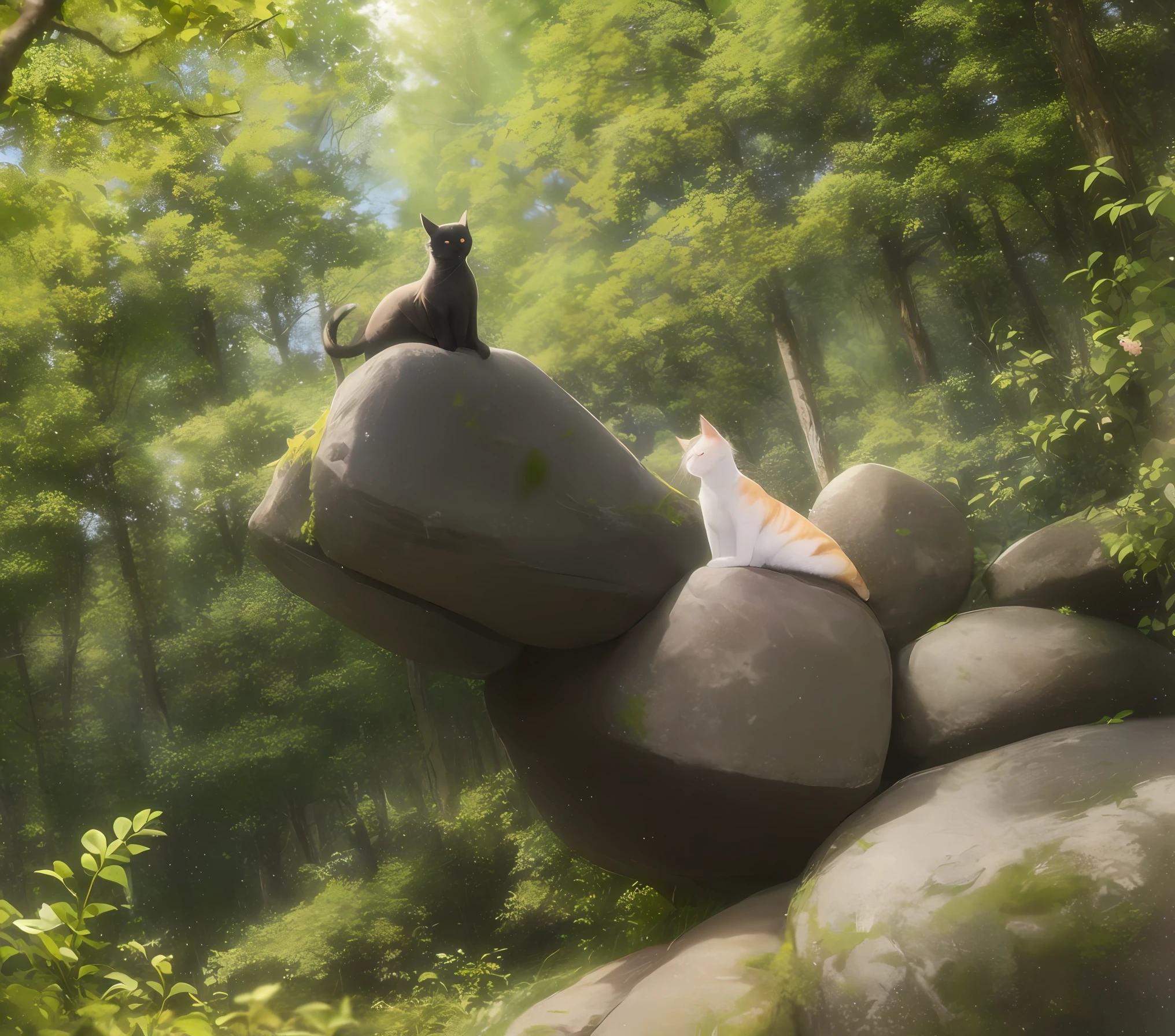 A cat on Rock in a forest